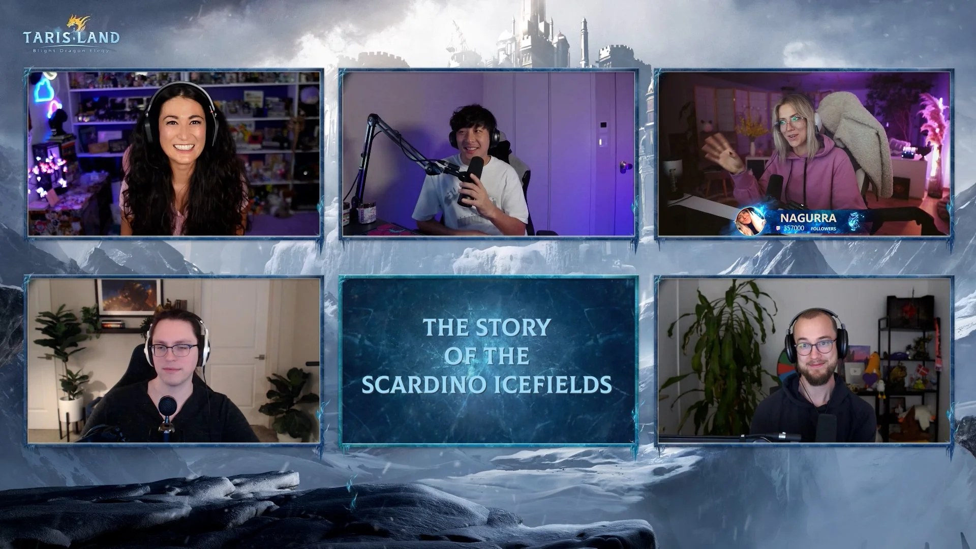 A streaming session with five participants discussing 'The Story of the Scardino Icefields' in a fantasy-themed setting. Each participant is in their own small frame with microphones and gaming equipment, participating in an online discussion or podc