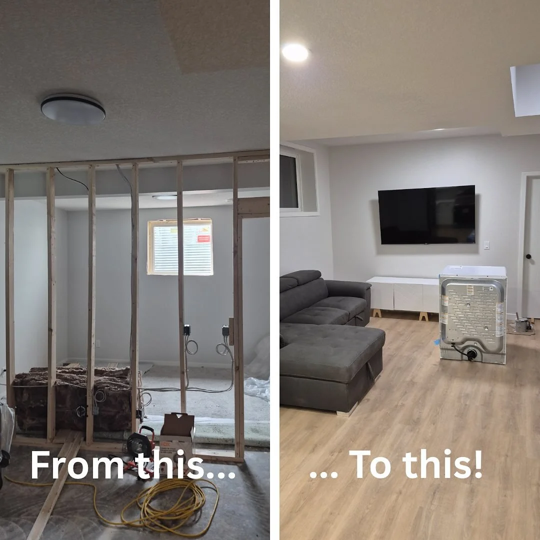 Adding new purpose to this basement with a separate, income-generating short term rental suite. Shown here is the addition of the second bedroom by separating what used to be a long, unused TV/rec room.

We took this basement from a 1 bedroom, 1 bath