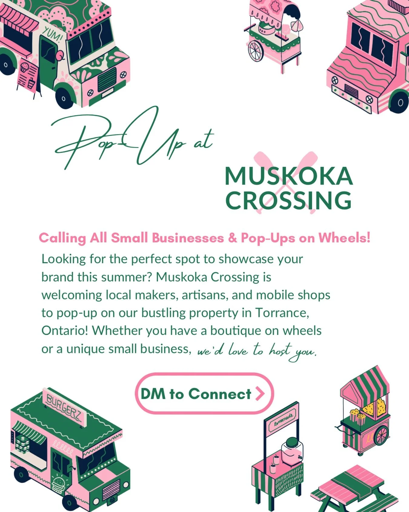 Looking for the perfect spot to showcase your brand this summer? ☀️ Muskoka Crossing is welcoming local makers, artisans, and mobile shops to pop-up on our bustling property in Torrance, Ontario!💕 Whether you have a boutique on wheels, food truck or