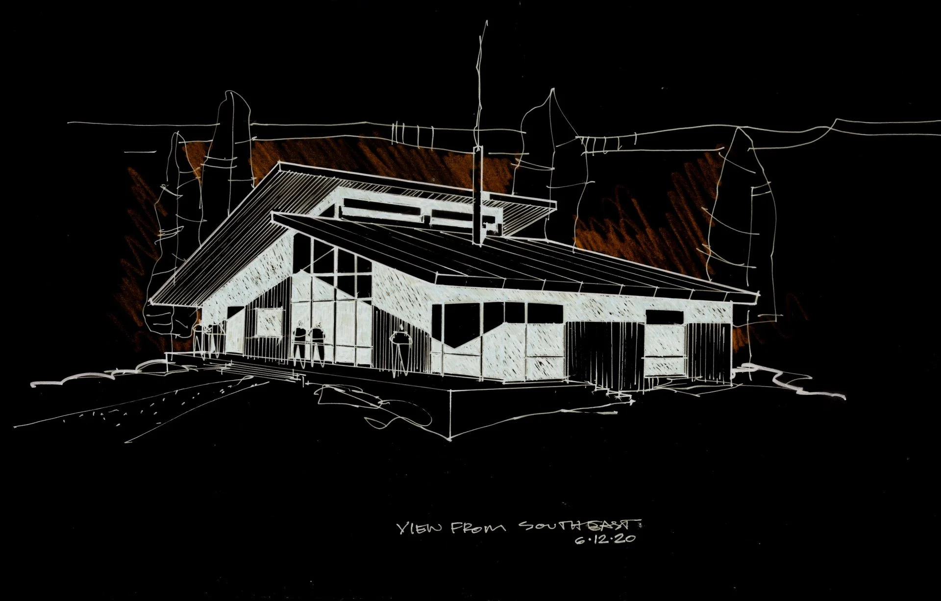 Architectural sketch of a modern building with angled roof, large windows, and trees in the background. The drawing uses white and brown tones on a black background.