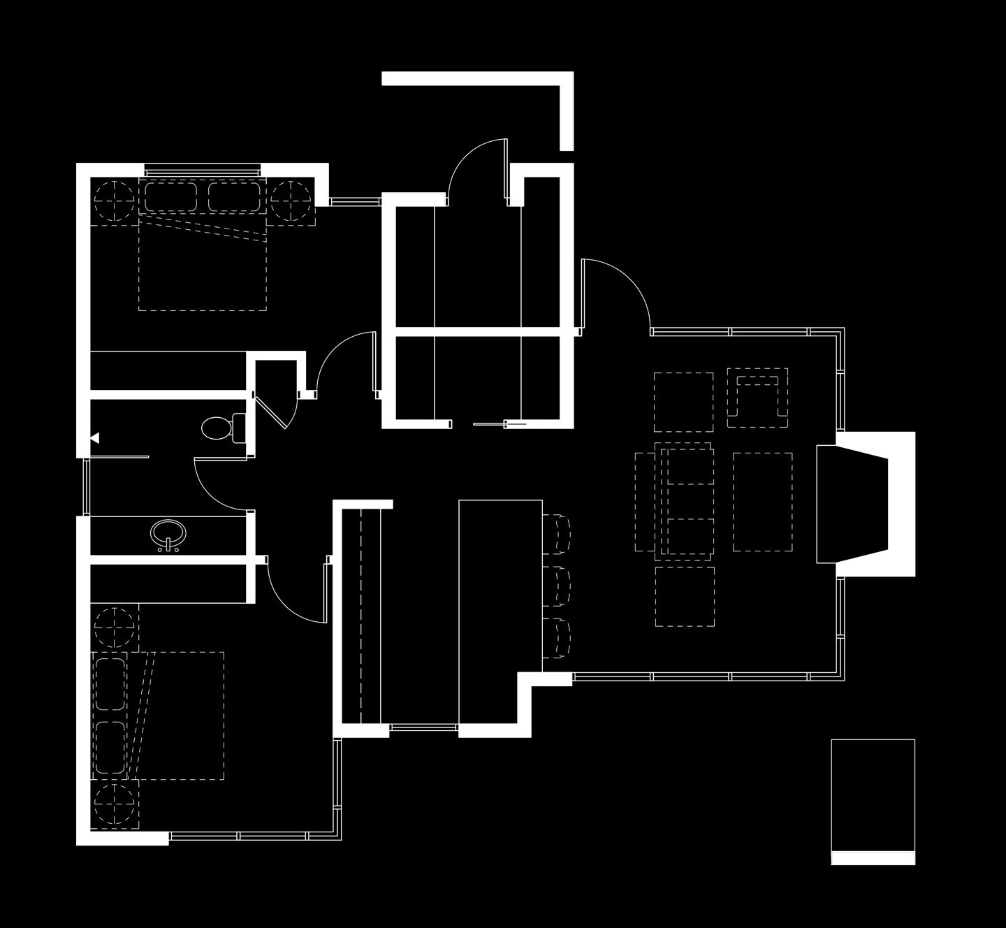 Floor plan of a residential space with two bedrooms, a living room, kitchen, dining area, and bathroom.