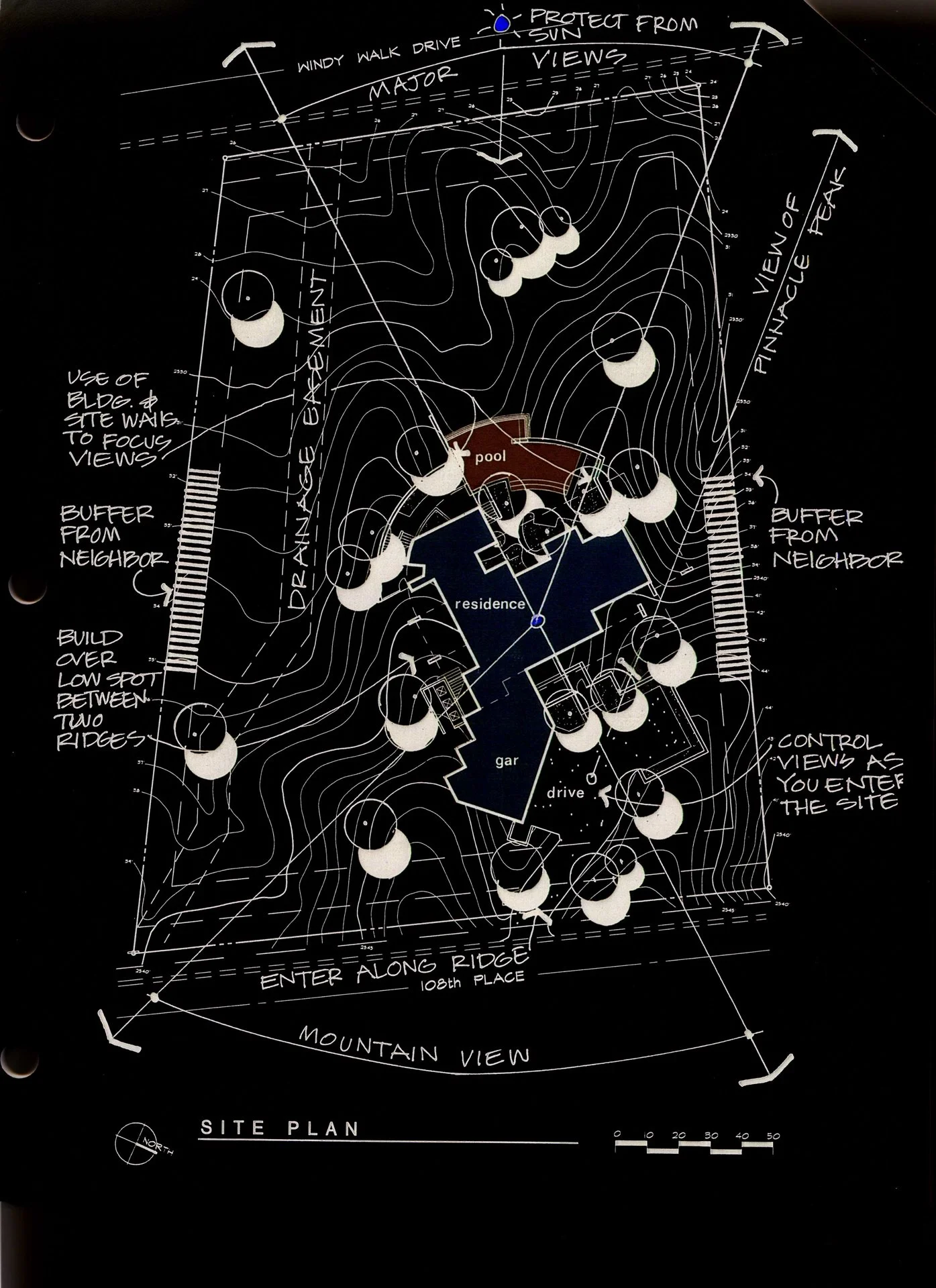 Architectural site plan with contour lines, residence layout, pool, garage, and driveway. Includes features like drainage basin, buffer areas from neighbors, and marked views. Labeled points include protection from the sun and view orientations.