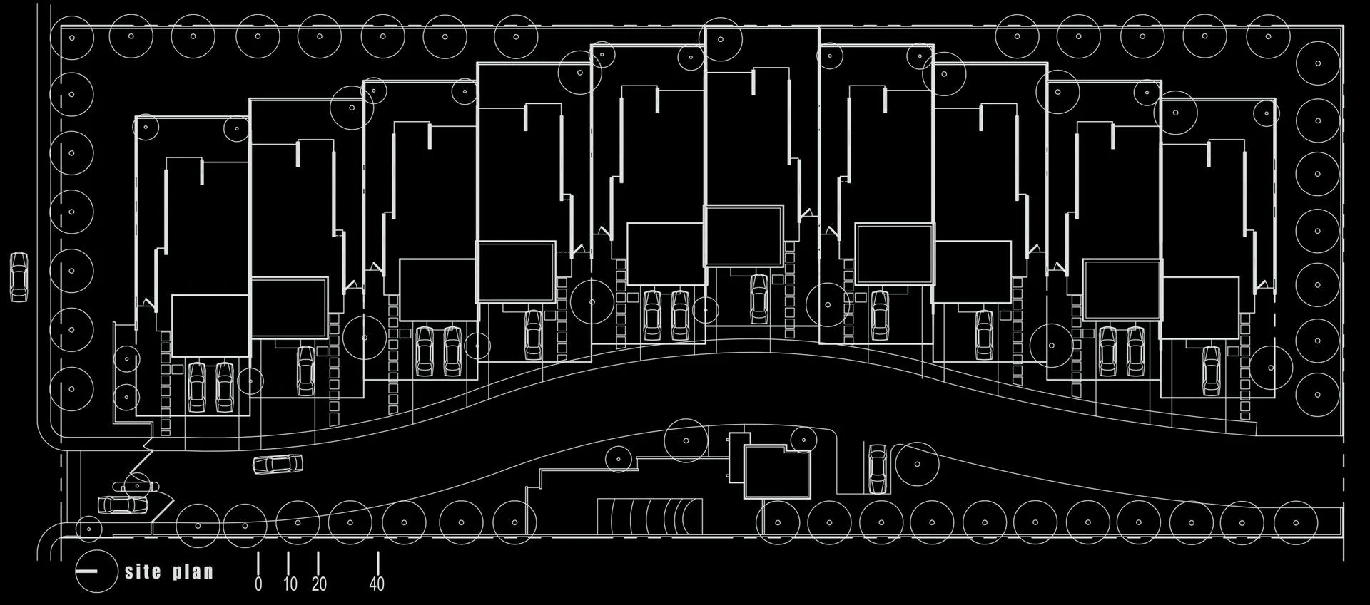 Architectural site plan of a residential area with multiple houses, driveways, parking spaces, and surrounding landscaping. The layout includes roads, trees, and pathways.