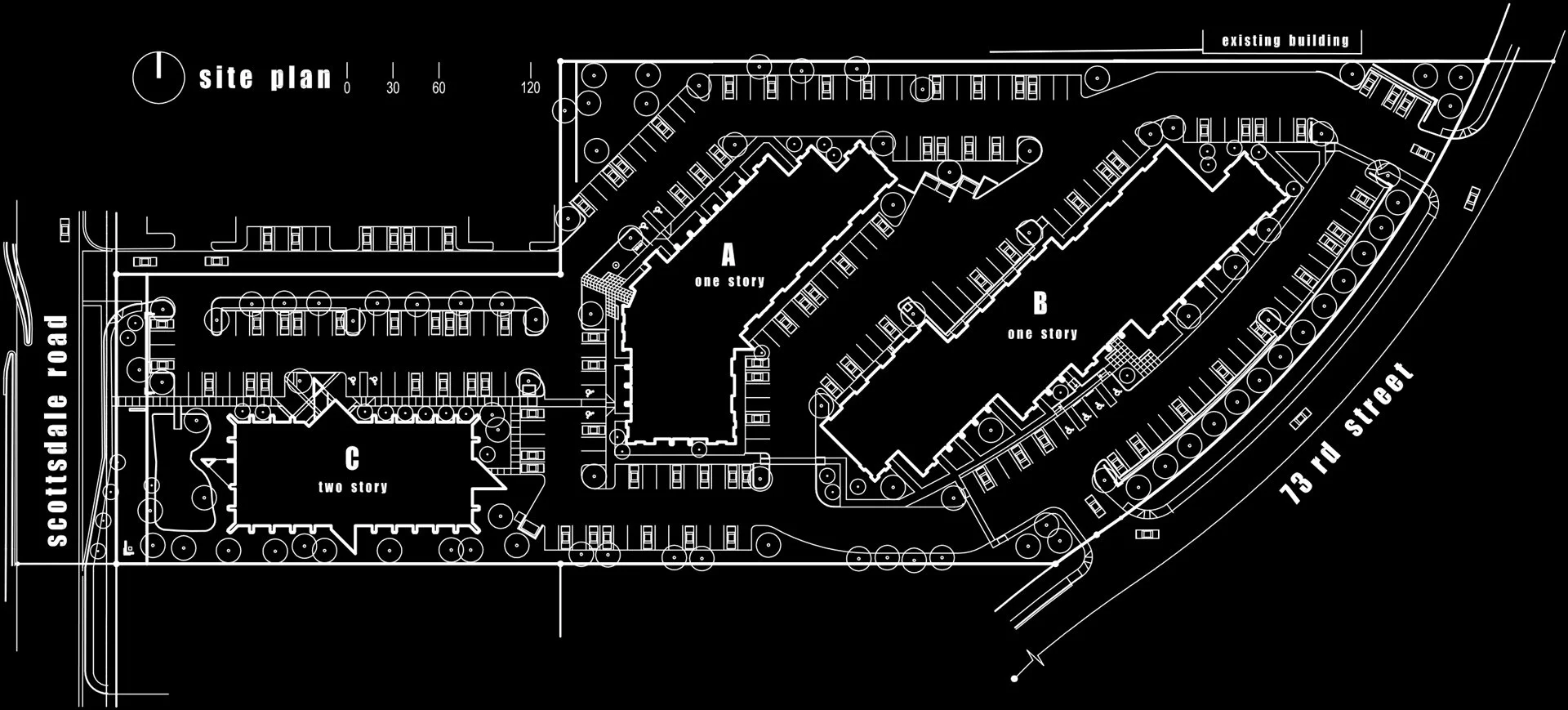 Architectural site plan showing building layout with 2 one-story buildings, and 1 two-story.