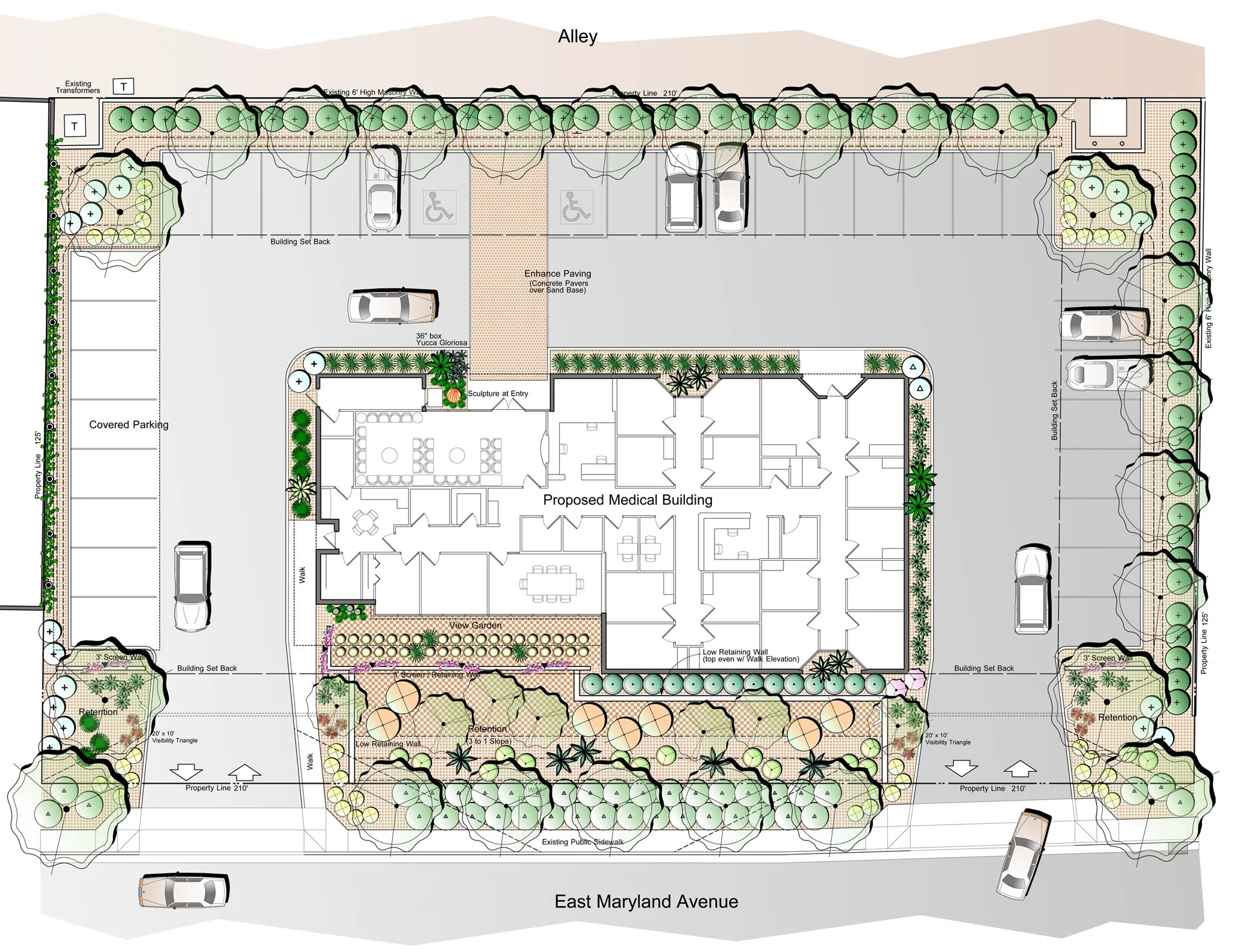 Architectural site plan of a medical building surrounded by parking spaces, landscaping, and pathways. Labelled features include parking spaces, building setbacks, and garden areas.