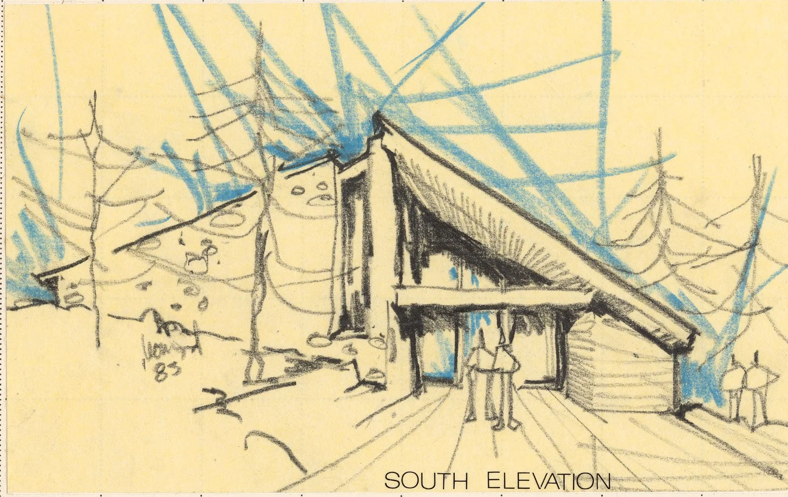 Sketch of a building elevation with slanted roof, surrounded by trees.