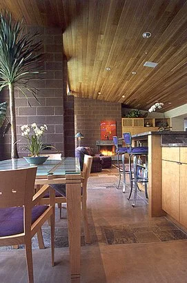 Modern open-plan living area with a wooden ceiling, dining table, tall indoor plant, bar stools at a counter, and a cozy fireplace.