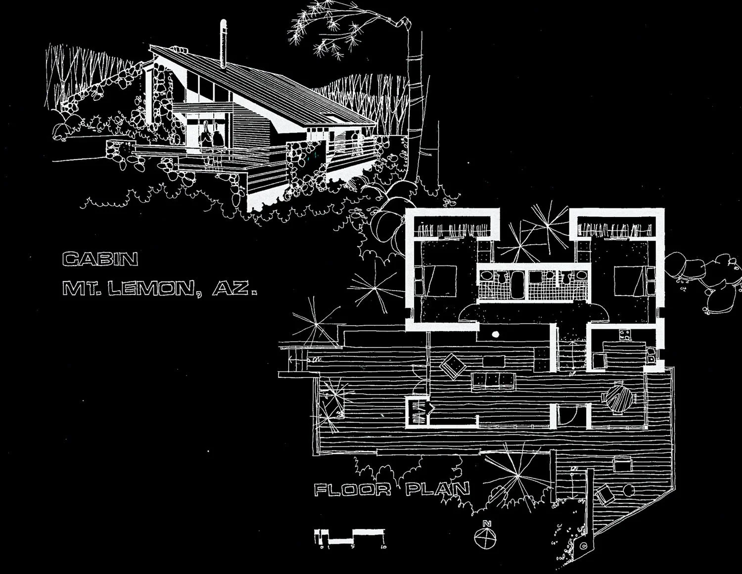 Plan of a cabin featuring an elevation view and a detailed floor plan with rooms and surrounding landscape elements.