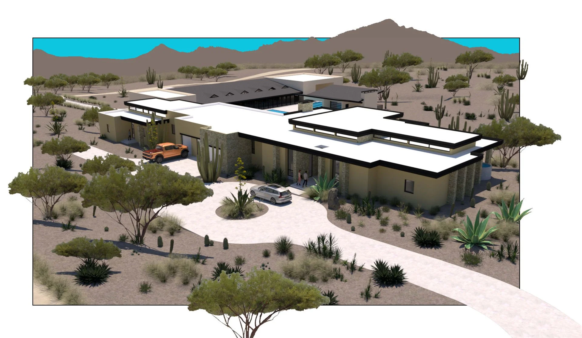 Modern desert home with flat roof and large windows, surrounded by cacti and desert plants, set against a mountain landscape.
