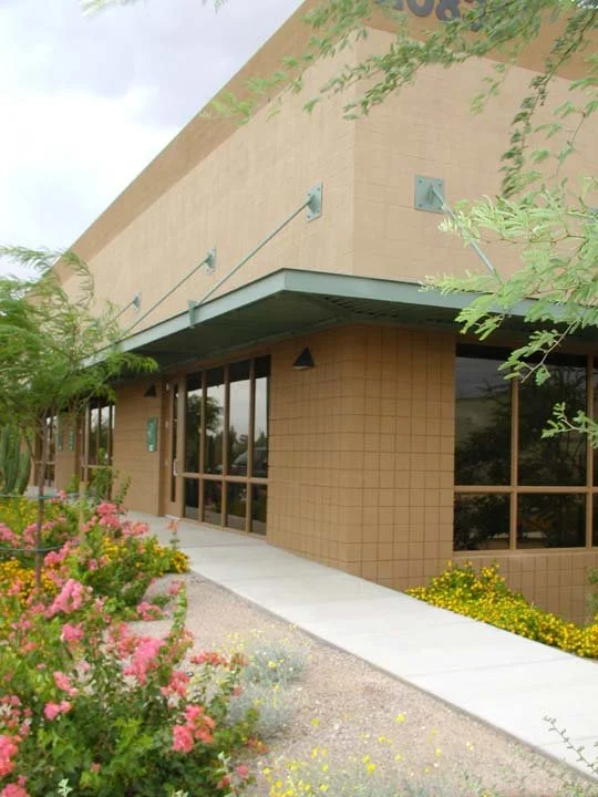 Modern commercial office building exterior with beige CMU and green metal accents, surrounded by desert landscaping with colorful flowers and pathway.