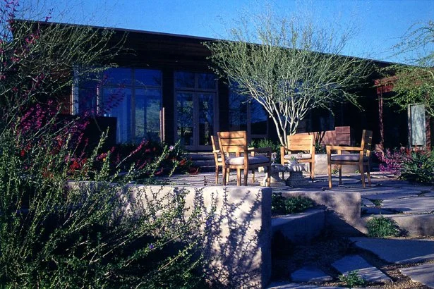 Outdoor patio with wooden chairs, surrounded by desert plants and trees, in front of a modern building.