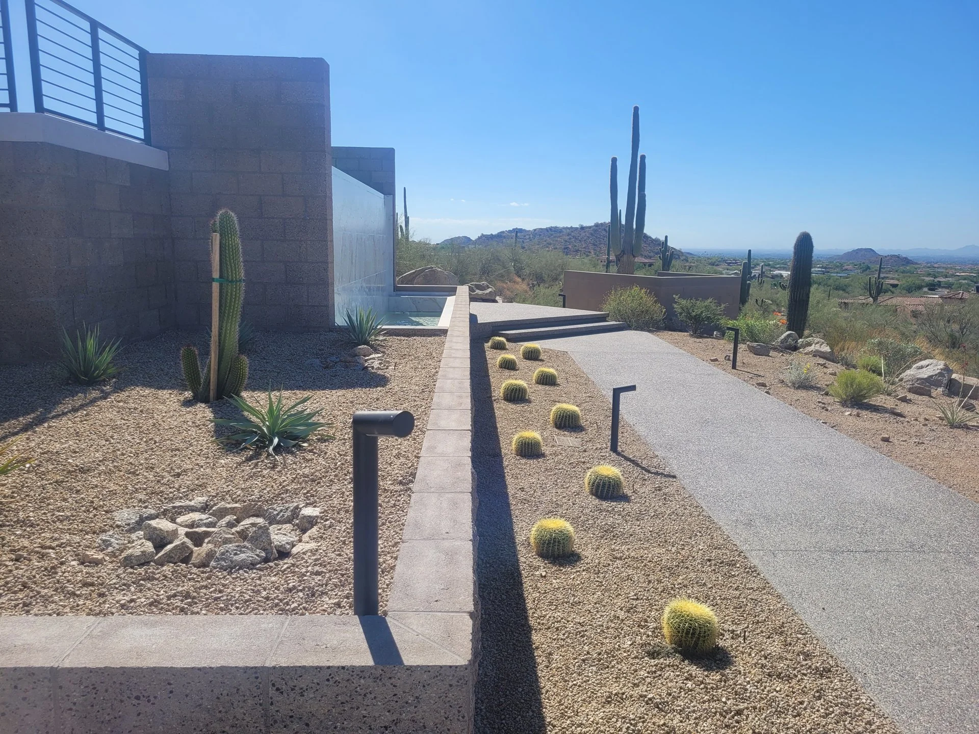 Desert garden landscape with cacti and gravel, featuring a modern stone wall and walkway