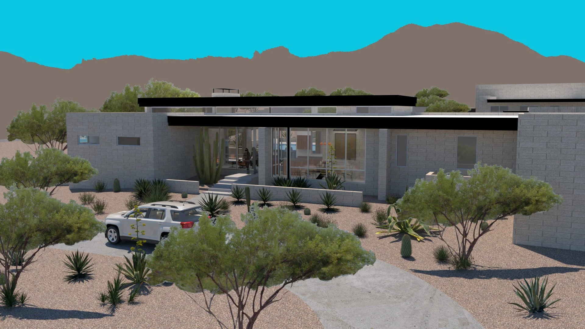 Modern desert home with stone façade, large windows, and desert landscaping.