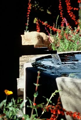 Outdoor garden fountain with water flowing into a stone basin, surrounded by vibrant red and yellow flowers.