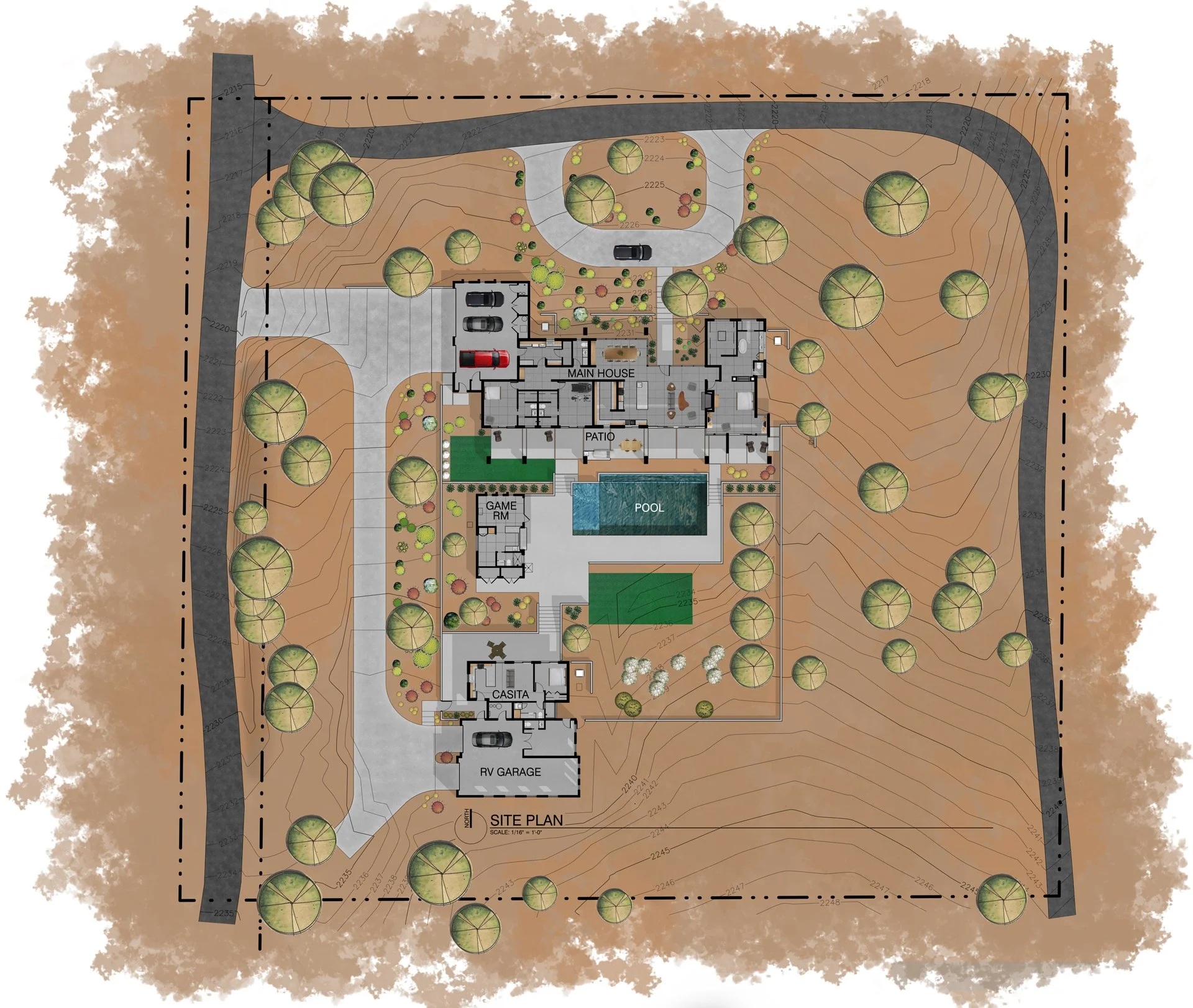 Architectural site plan showing a residential property with a main house, patio, pool, game room, and RV garage, surrounded by landscaped areas and trees. Includes driveway access and contour lines indicating elevation changes.