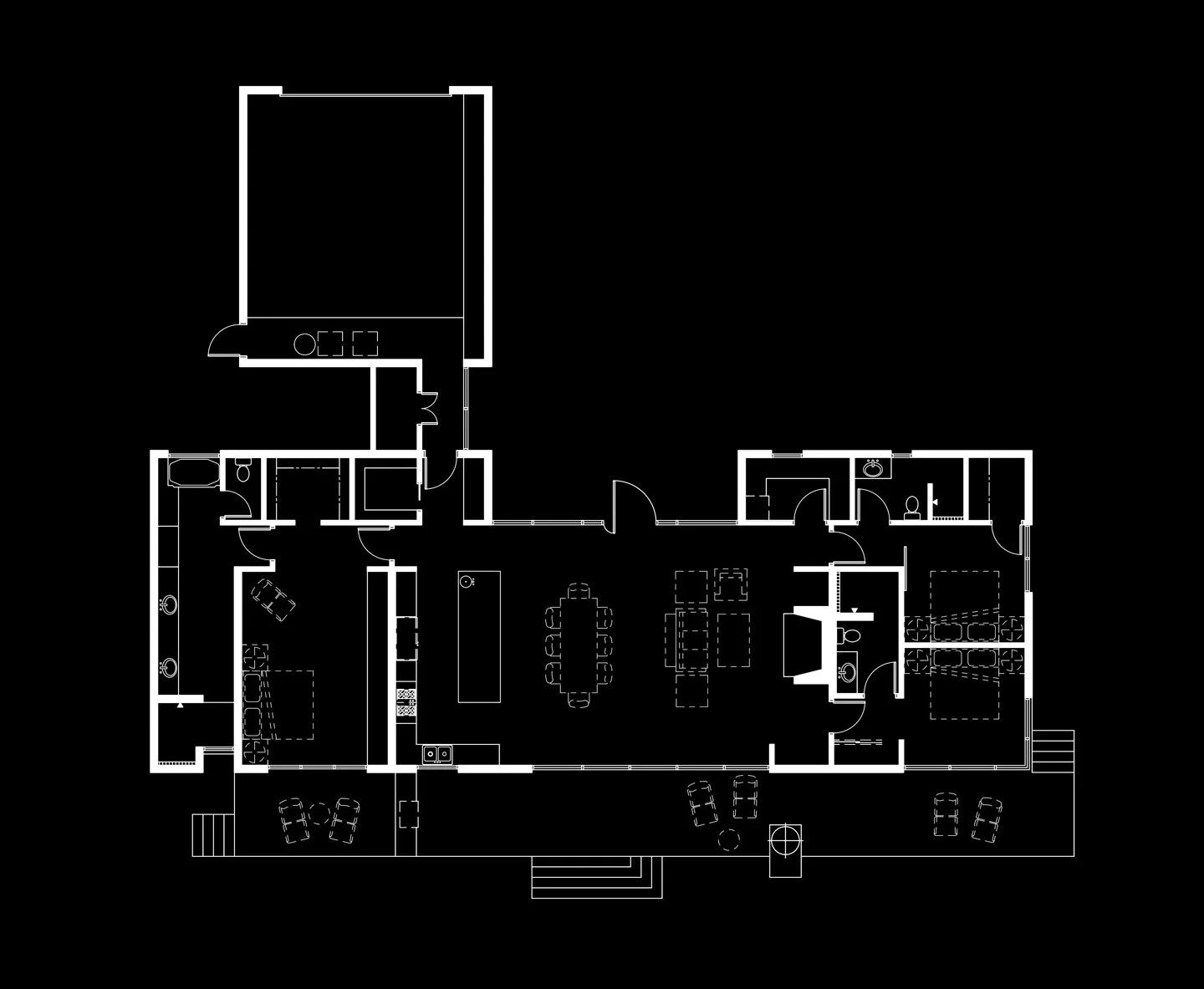 Floor plan of a house with a garage, master bedroom and bathroom, additional bedrooms, bathrooms, kitchen, pantry, great room, closet, and utility room.