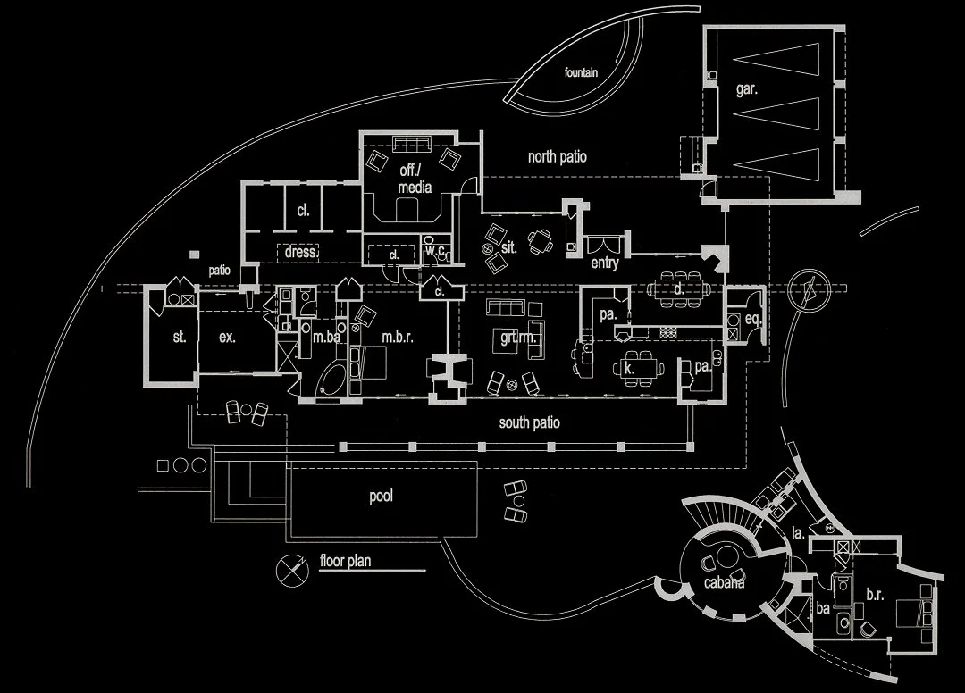 Architectural floor plan of a house featuring multiple rooms, including a master bedroom, bathrooms, kitchen, garage, office/media room, patios, pool, and cabana. The layout includes a north and south patio, entry, dining area, and additional bedroom