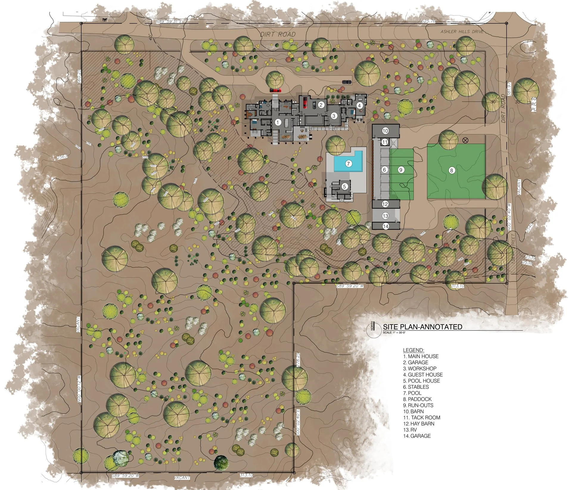 Annotated site plan showing a property layout with various labeled structures, including a main house, garage, workshop, guest house, pool house, stables, paddock, pool, barn, tack room, hay barn, RV, and trees surrounding the area.