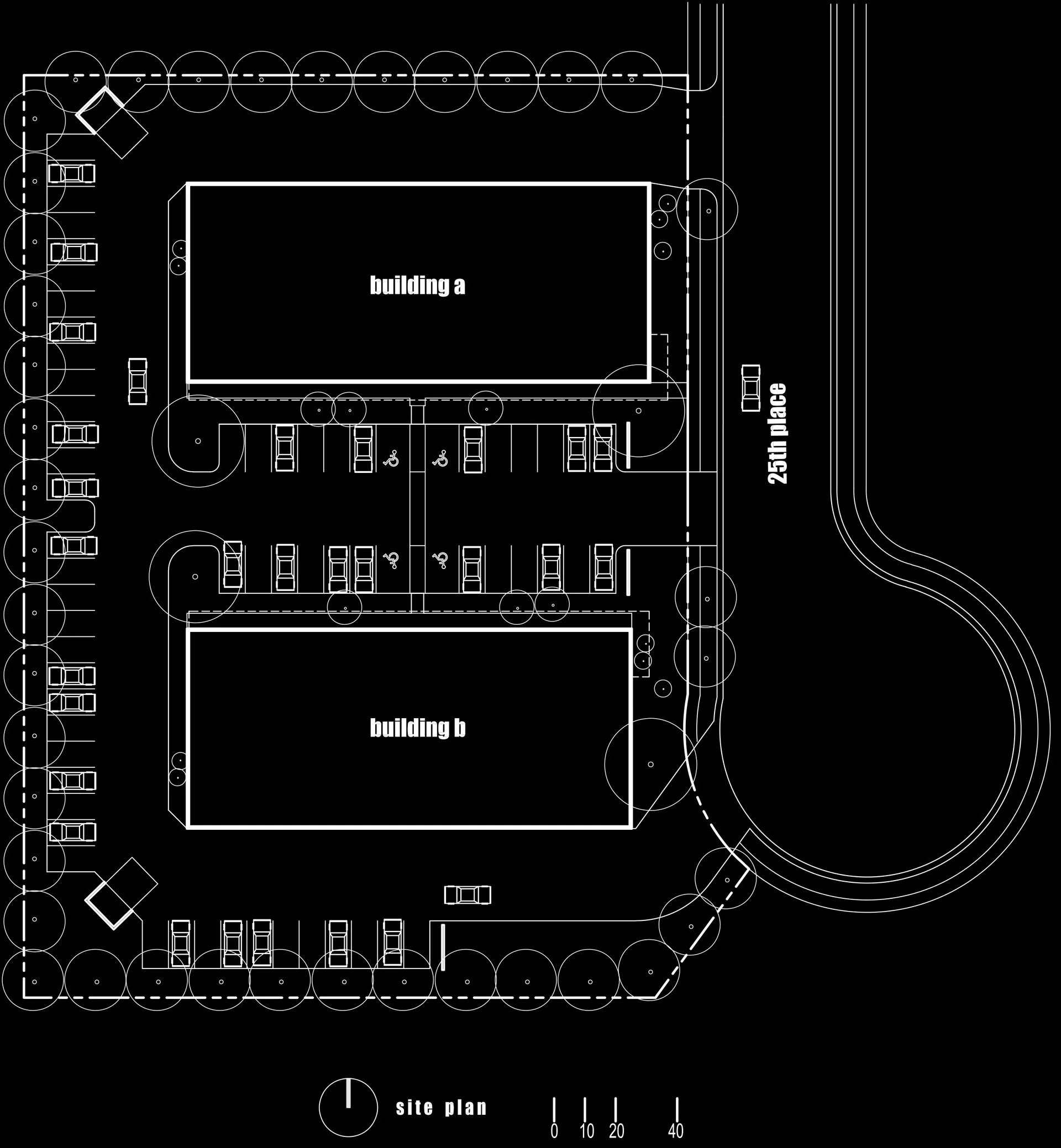 Architectural site plan of an office complex with two buildings, surrounded by a parking lot and landscape elements.
