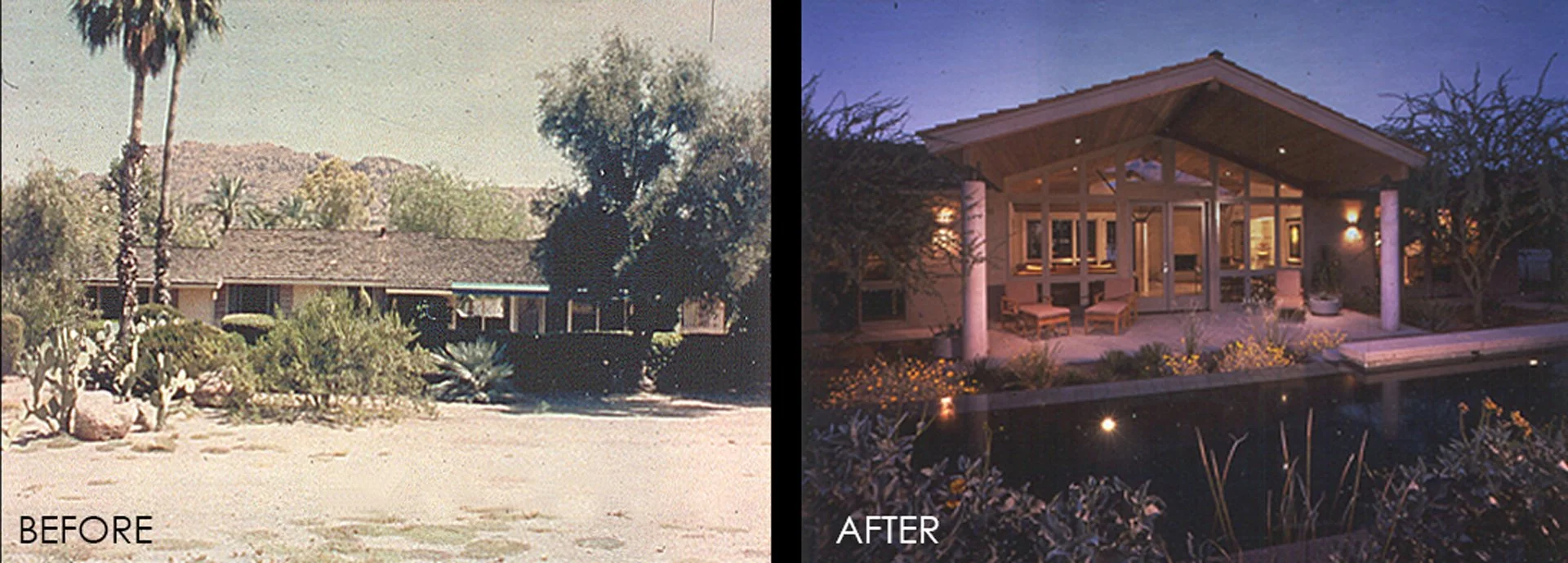 Side-by-side comparison of a house before and after renovation. The 'before' image shows an older, ranch-style house with mature trees and surrounding vegetation. The 'after' image depicts a modernized, well-lit house with large windows, a porch area