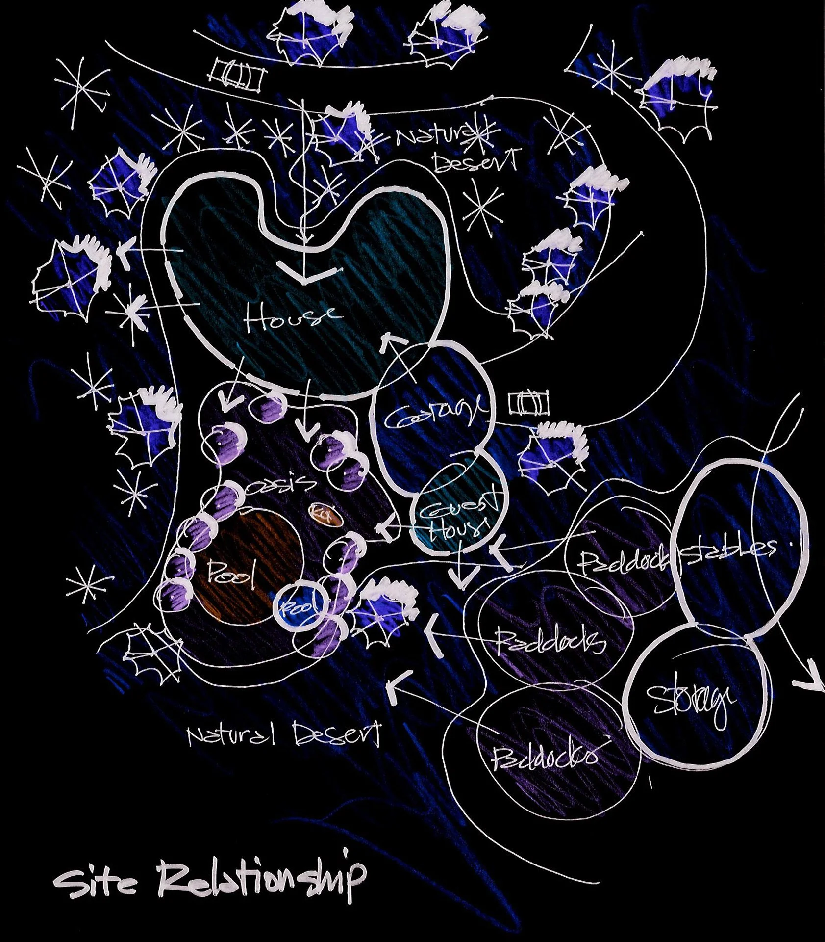 Site plan sketch showing a house, guest house, stables, paddocks, pool, oasis, and surrounding desert landscape. Arrows indicate pathways and relationships between the areas. Labeled areas include natural desert and storage.