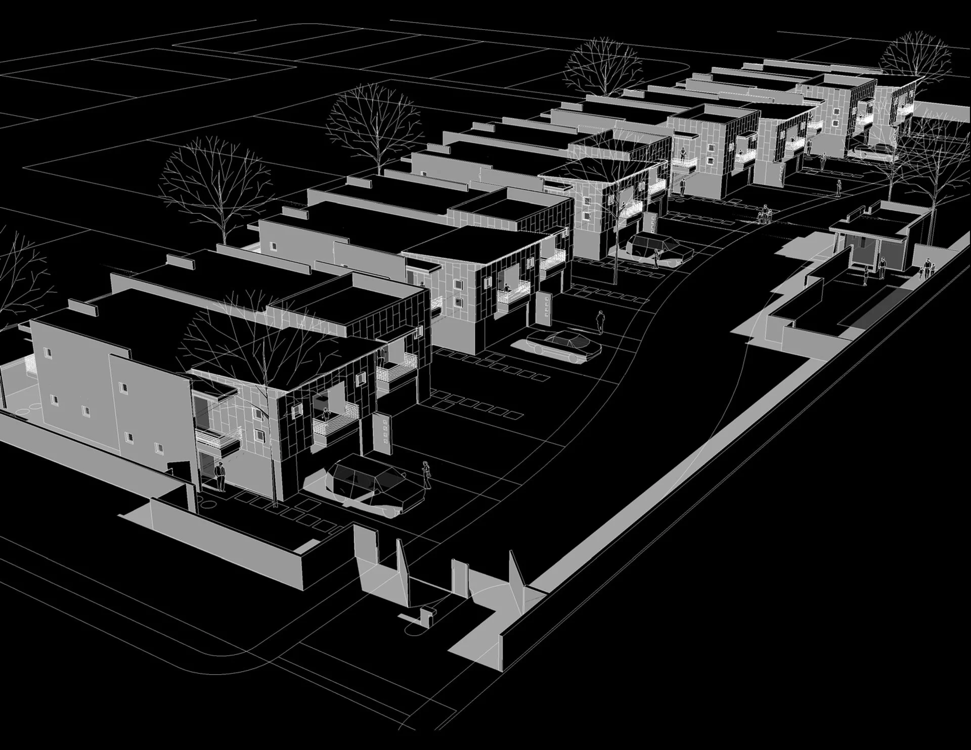 Black and white architectural rendering of a residential area with modern buildings, parked cars, and trees.
