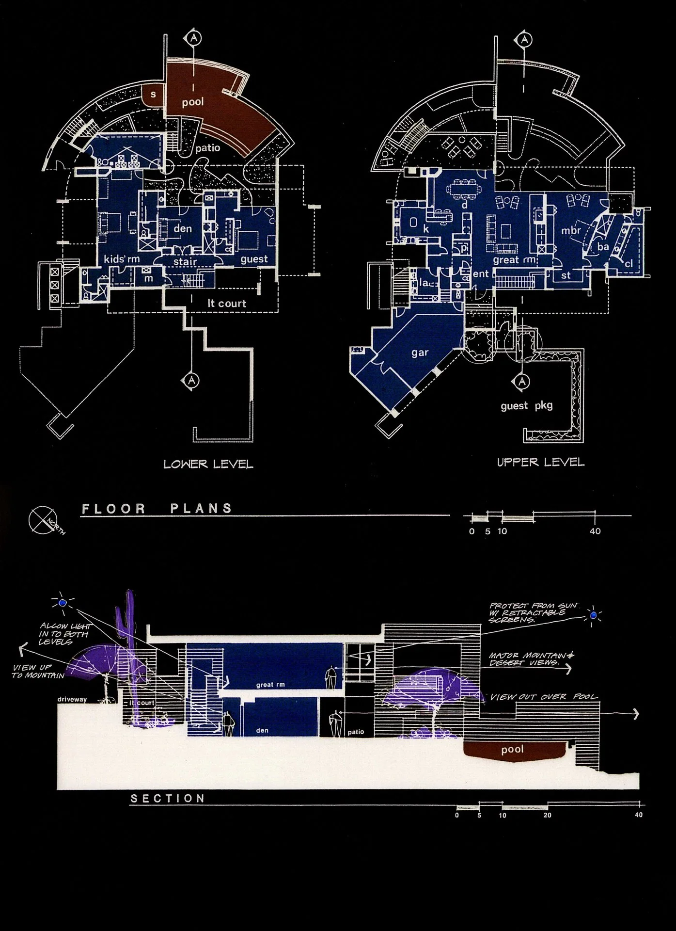 Architectural floor plans with sections, showing lower and upper levels, pool, patio, and various rooms.