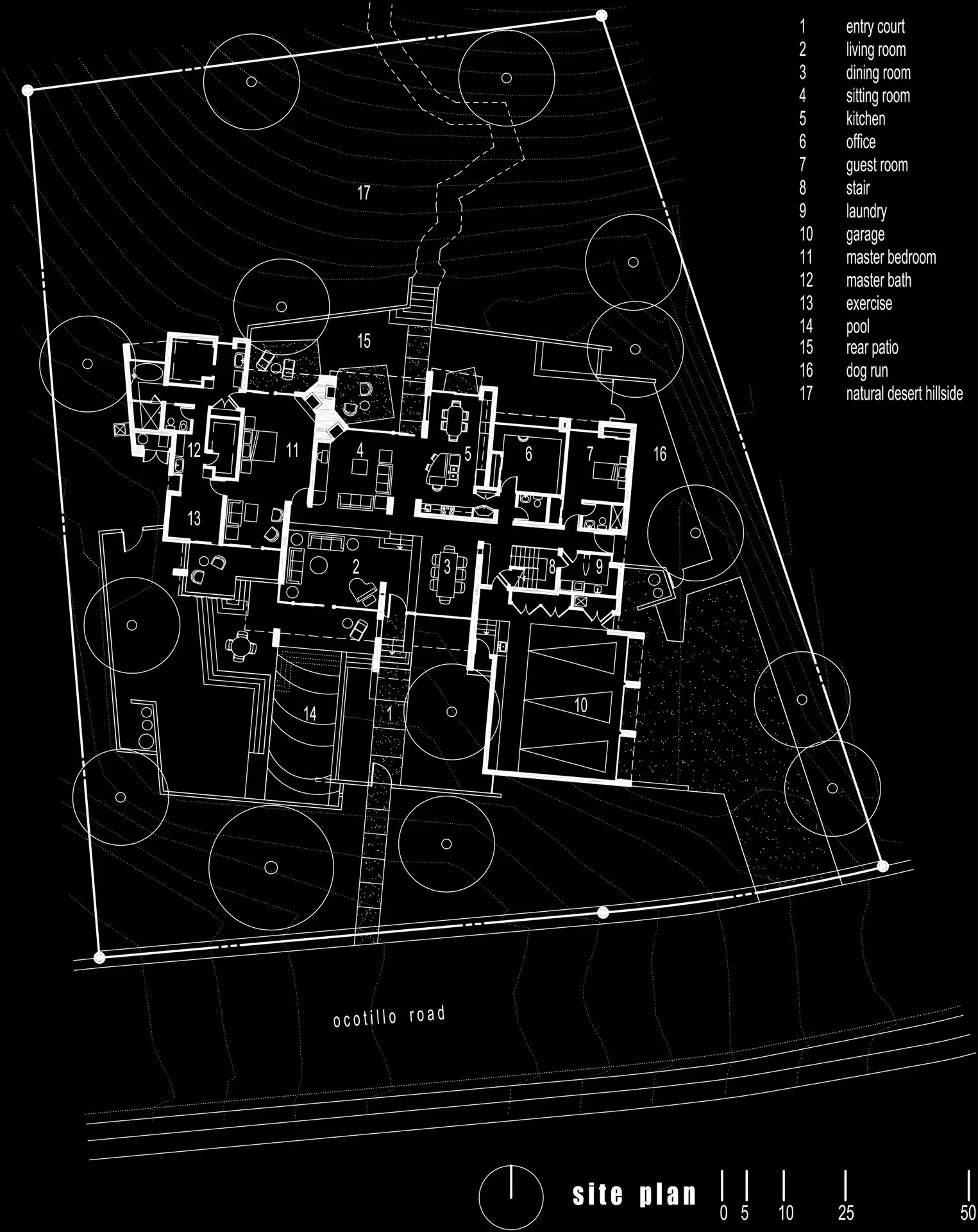 Floor plan of a residential property labeled with numbered rooms and areas such as an entry court, living room, dining room, kitchen, office, guest room, garage, exercise room, pool, and patio. Also includes site features like a dog run and natural d