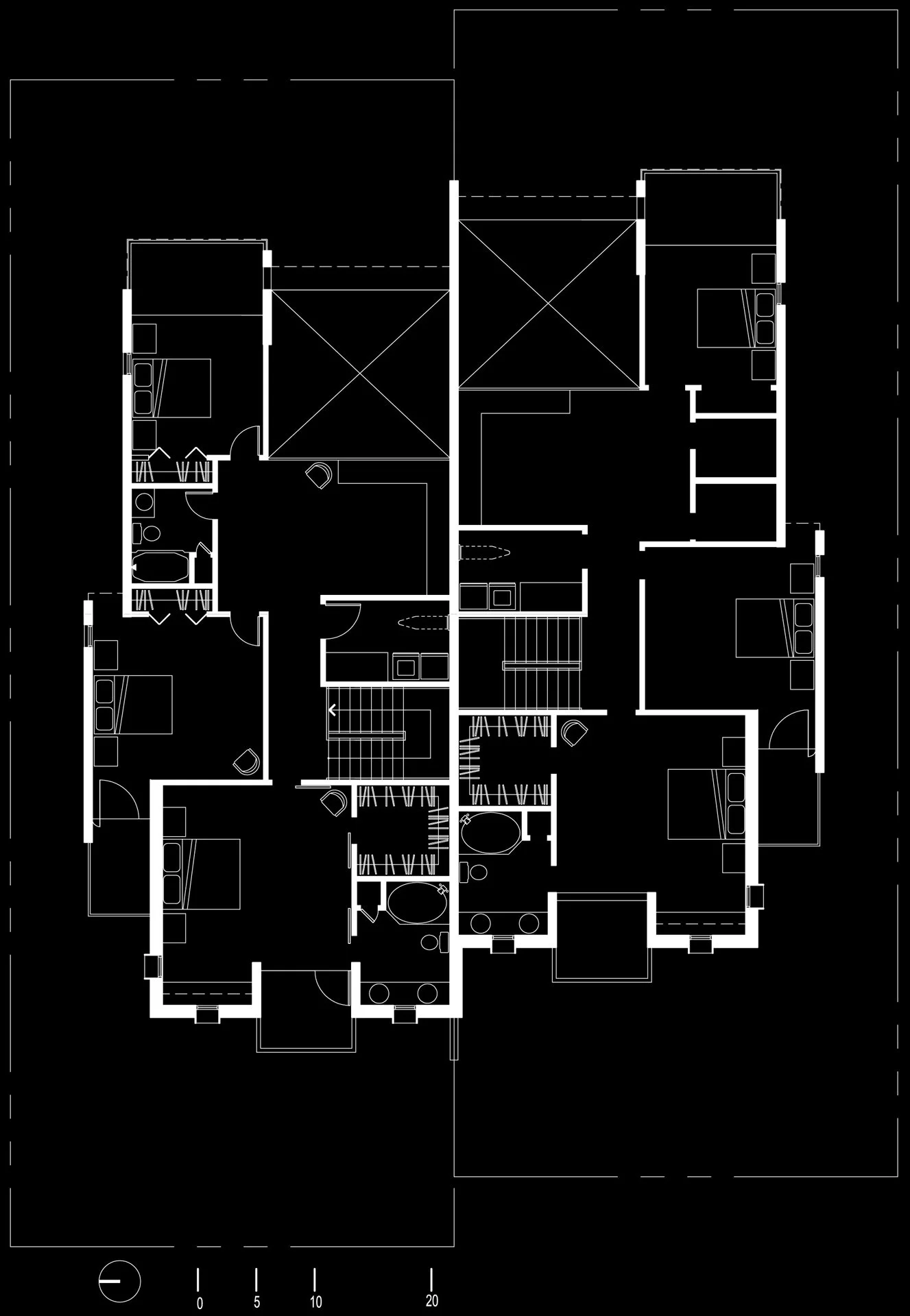 Architectural floor plan with multiple rooms, including bedrooms, bathrooms, and common areas, drawn in white lines on a black background.