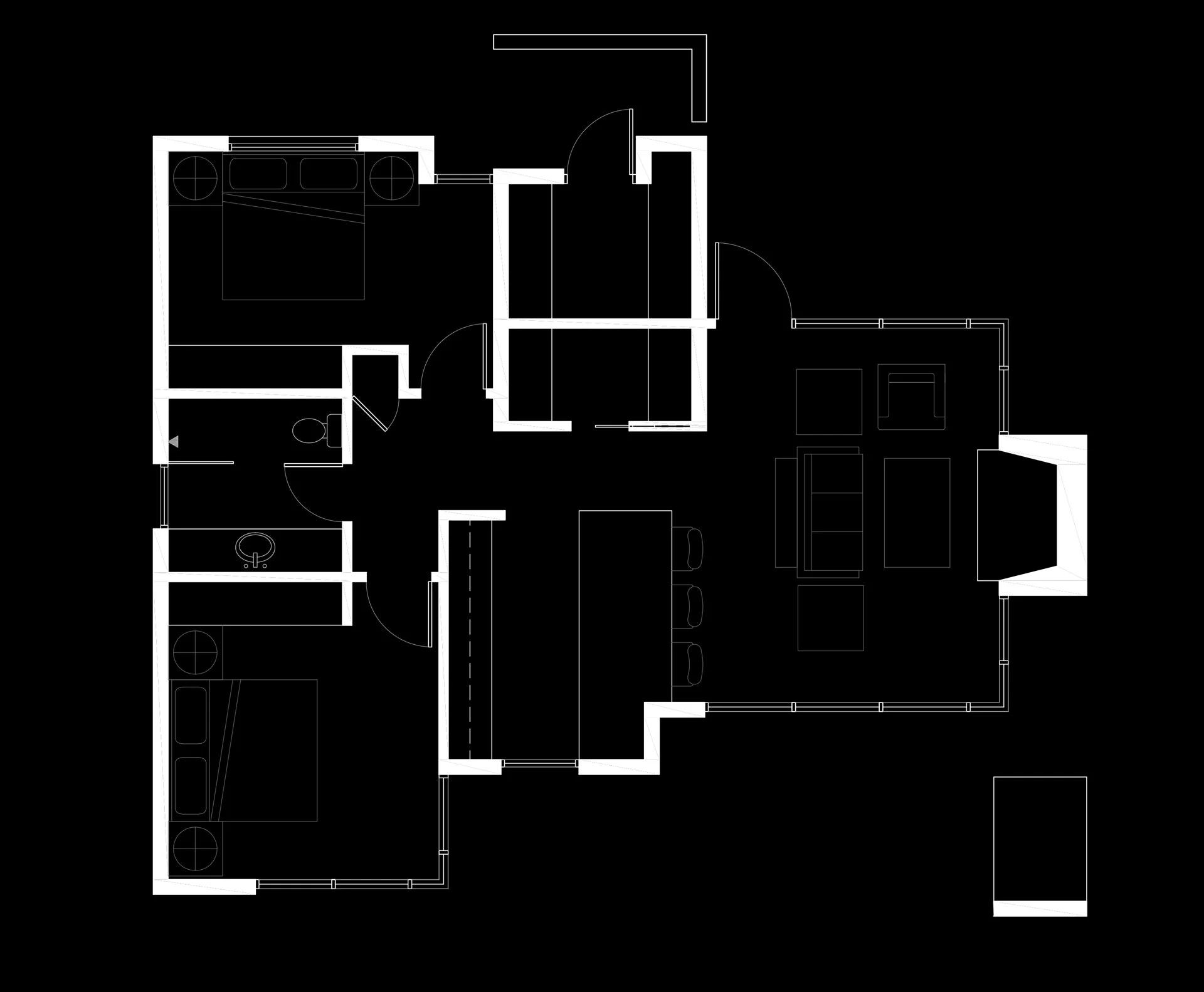 Floor plan of a residential space with two bedrooms, a living room, kitchen, dining area, and bathroom.
