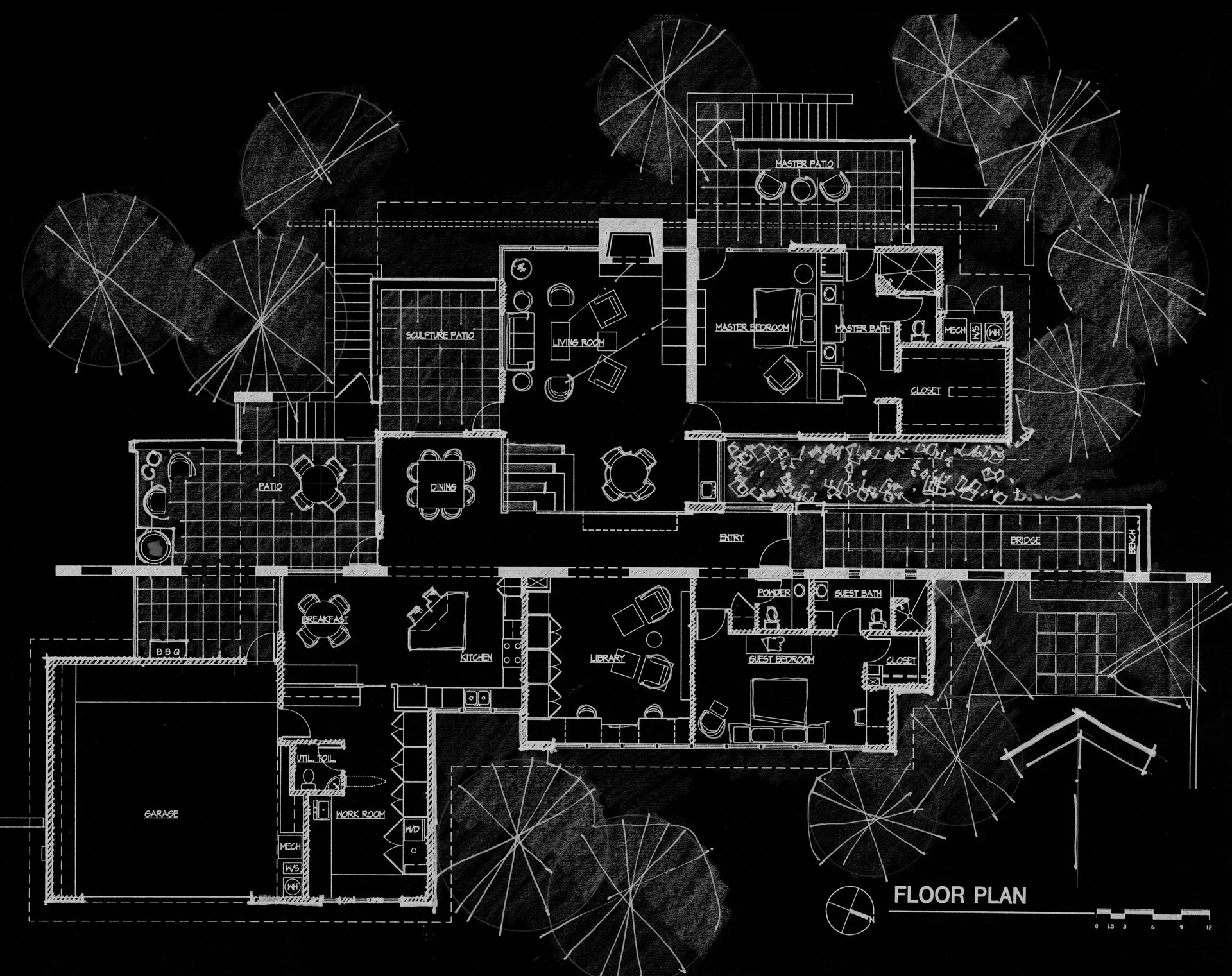 Architectural floor plan of a residential house layout featuring rooms like a master bedroom, master bath, living room, dining area, kitchen, library, guest bedroom, patio areas, garage, and workroom. The plan includes outdoor elements like trees and