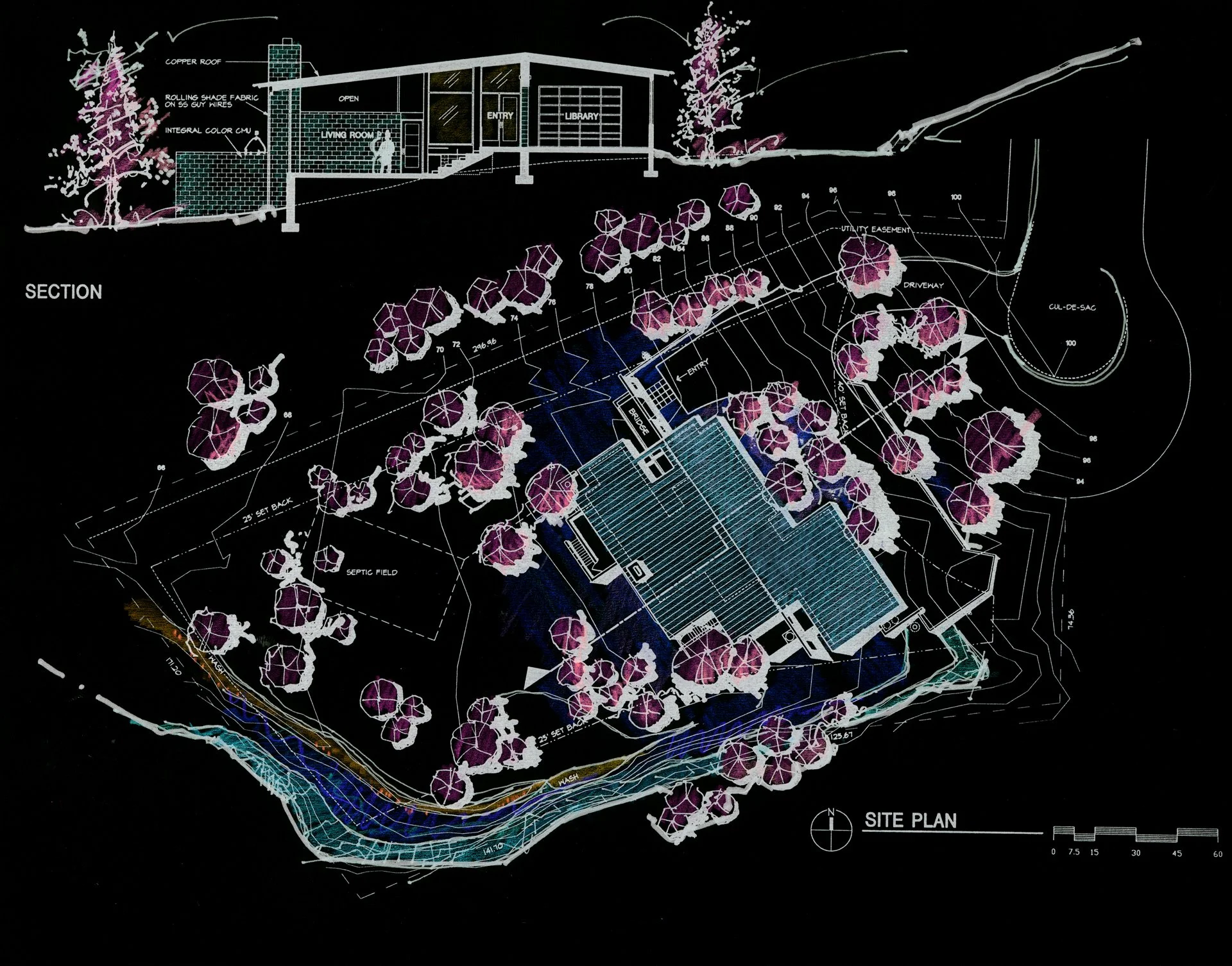 Architectural drawing of a building section and site plan illustrating the layout of a property. It features a structure with labeled rooms such as a library and living room, surrounded by landscaping elements like trees. Topography lines indicate th
