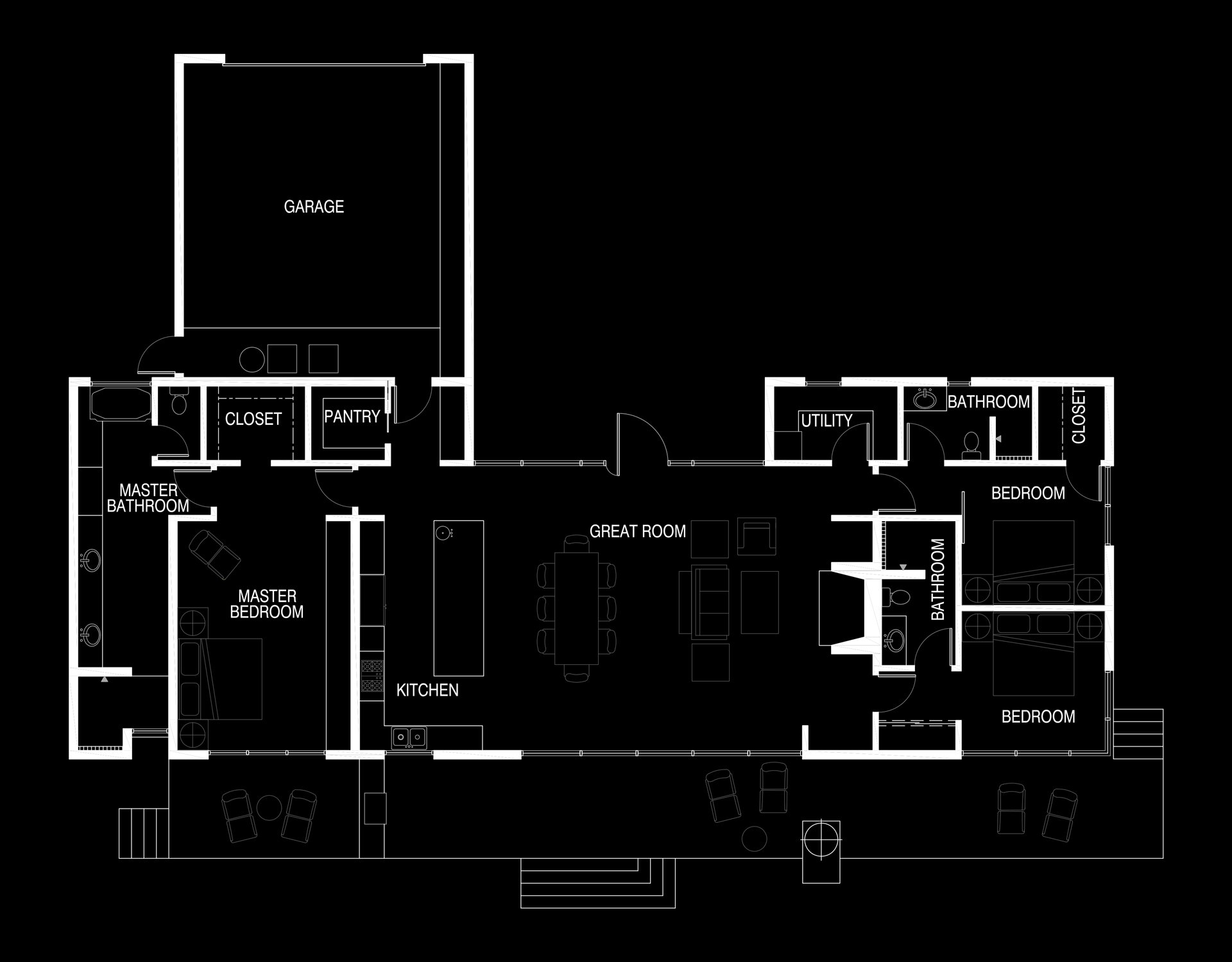 Floor plan of a house with a garage, master bedroom and bathroom, additional bedrooms, bathrooms, kitchen, pantry, great room, closet, and utility room.