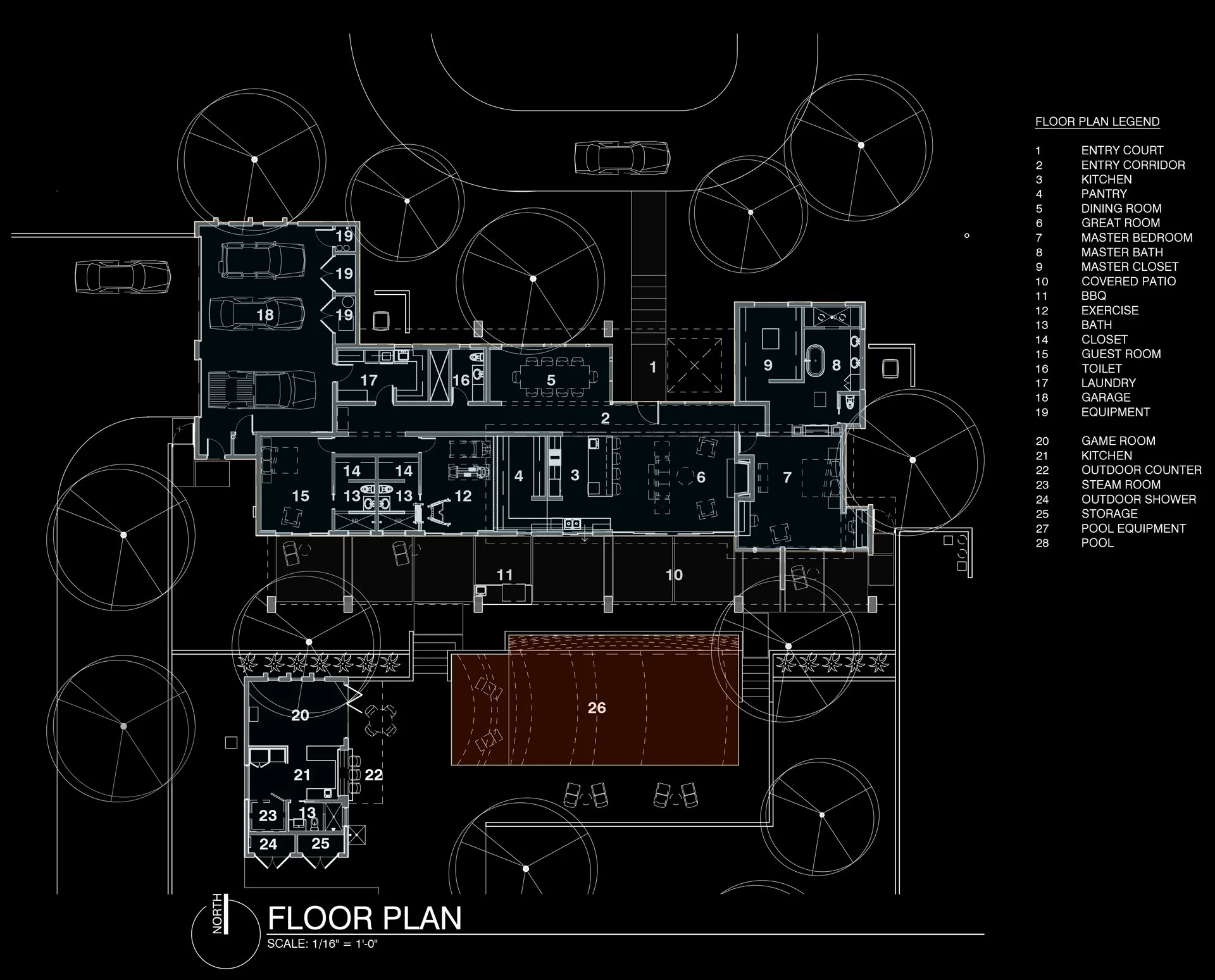 Architectural floor plan diagram featuring labeled rooms and areas, including entry court, kitchen, dining room, great room, master bedroom, master bath, garage, and pool area.