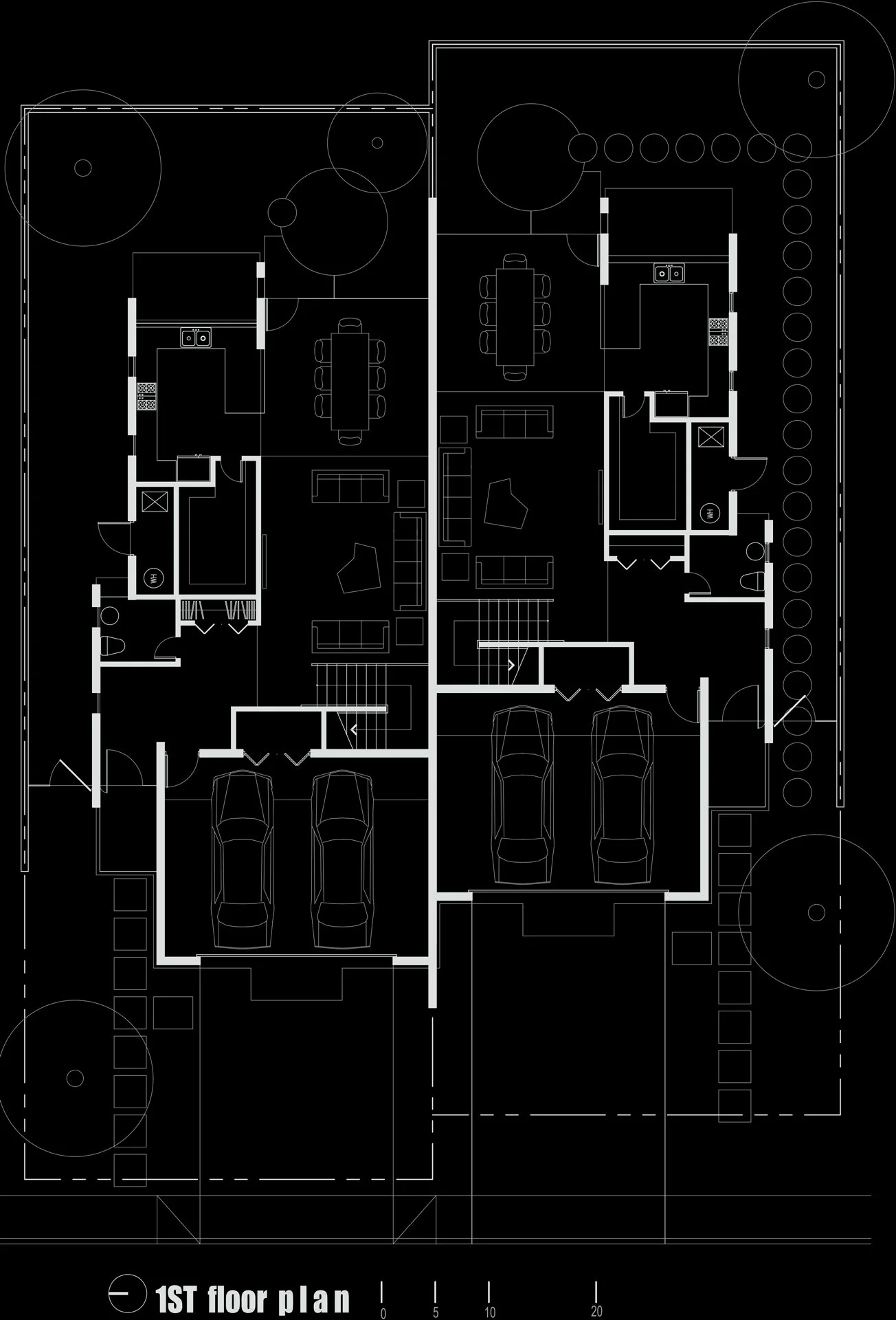 First floor architectural layout with two garages, living areas, and dining rooms, shown in plan view.