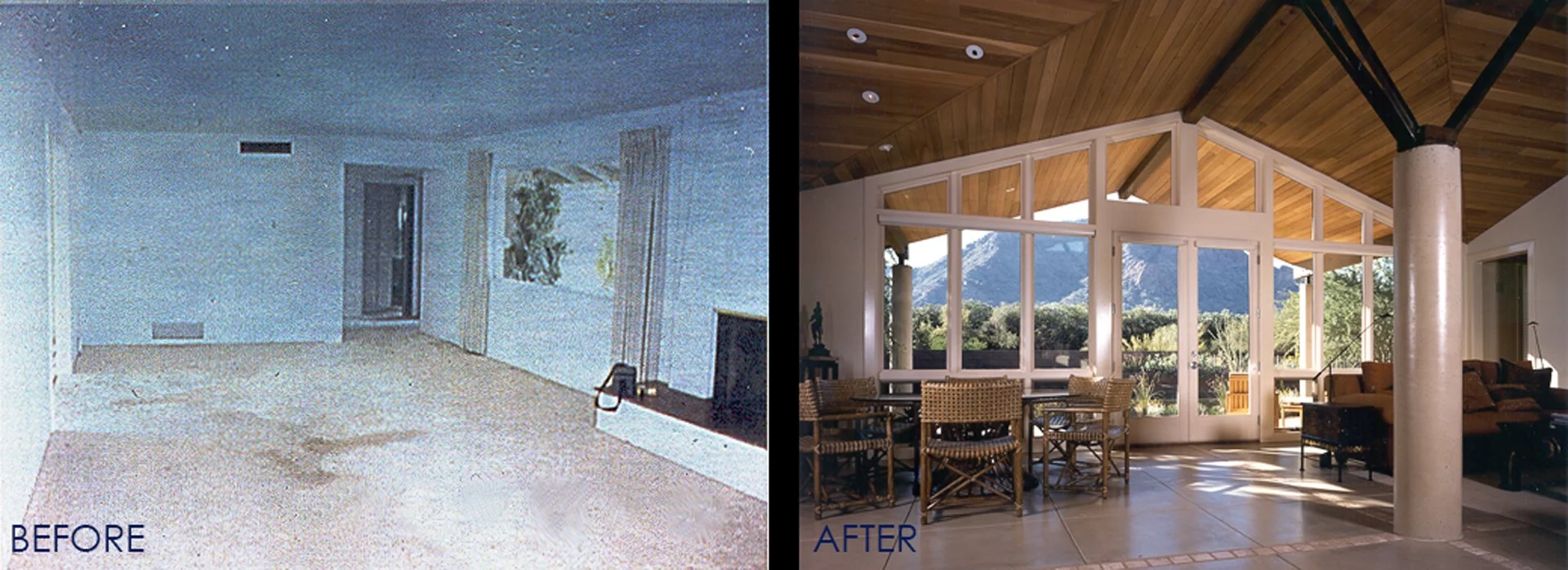 Side-by-side comparison of living room before and after renovation. The 'before' image shows an empty, dated room with carpet and minimal lighting. The 'after' image shows a modern, open space with wooden ceiling, large windows, and outdoor view with