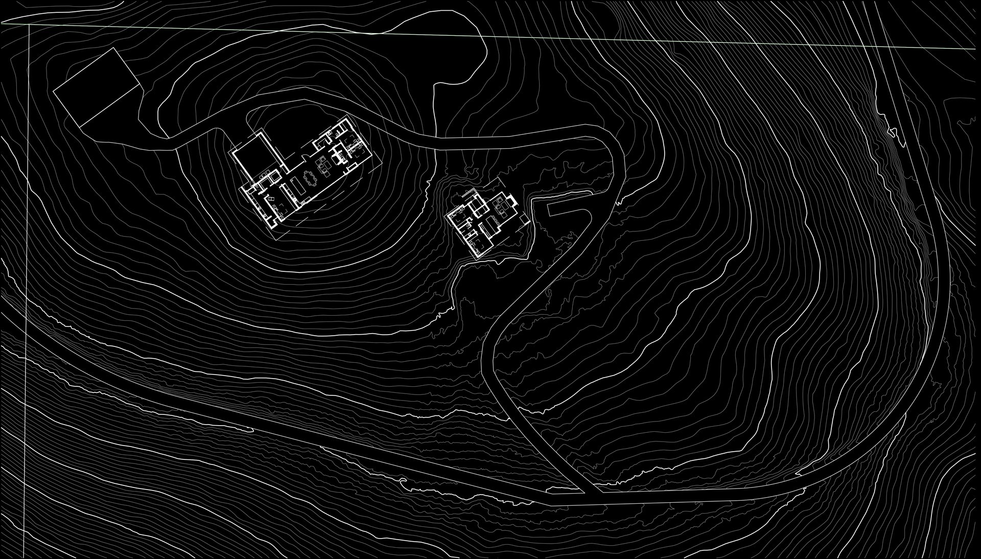 Topographic map with contour lines and two building blueprints in white on black background.