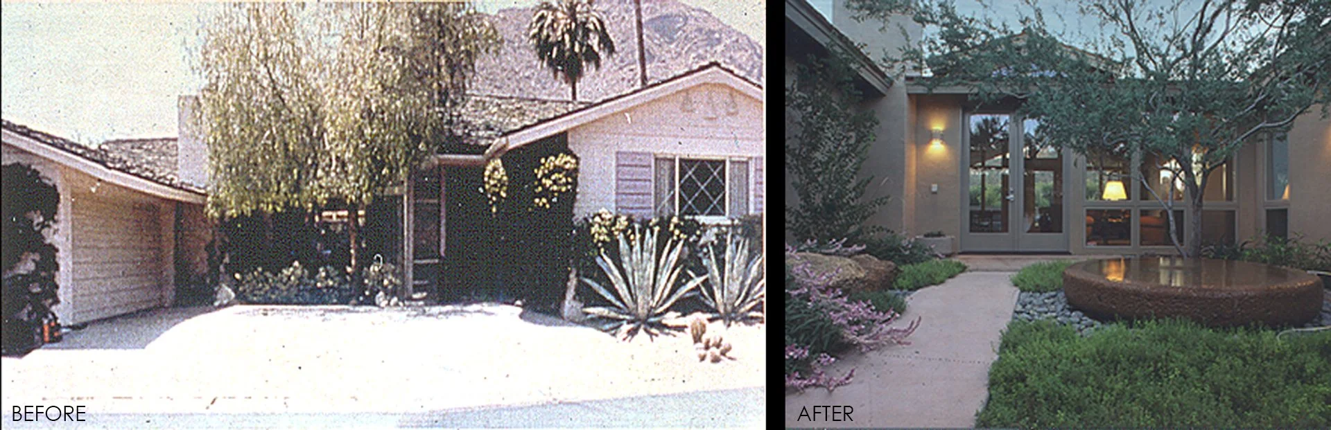 Side-by-side comparison of a house exterior before and after renovation, showing significant landscaping and design improvements.
