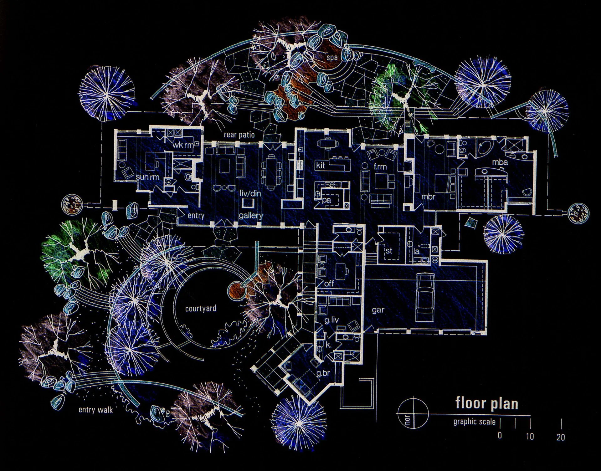 Architectural floor plan showing a single-story house layout with rooms labeled, including sunroom, kitchen, living/dining area, master bedroom, office, and garage. Surrounding landscape with labeled patio, courtyard, and entry walk features trees an