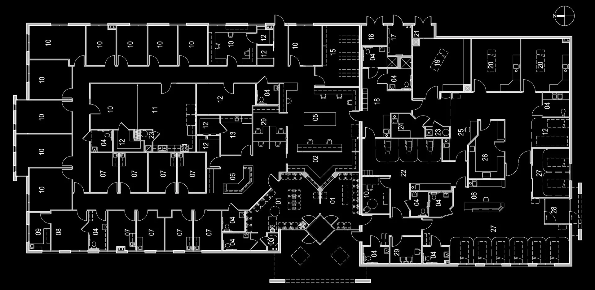 Architectural floor plan with labeled rooms and areas, featuring multiple offices, meeting rooms, restrooms, and common areas, of Digestive Health Center of Arizona.