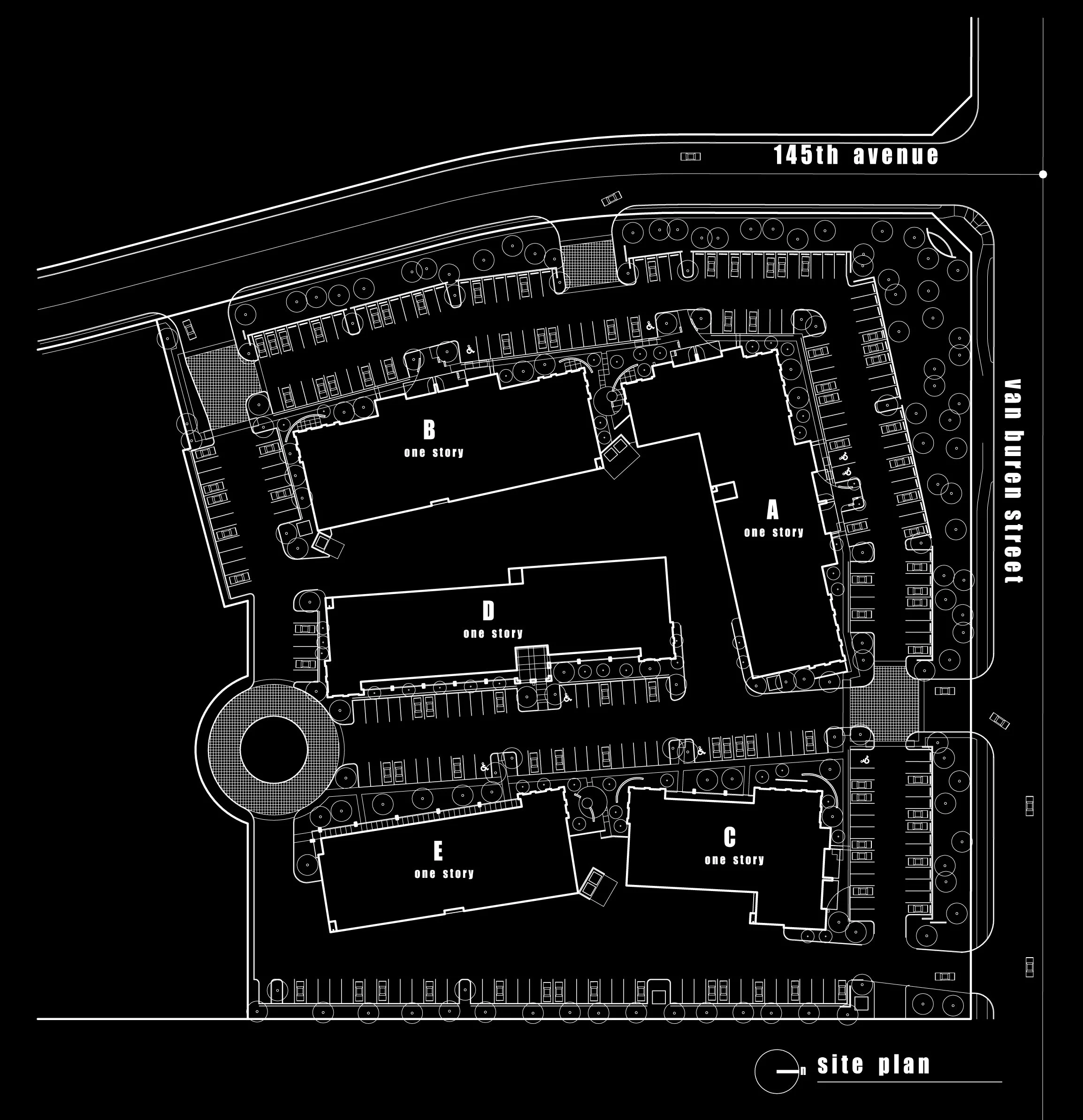 Architectural site plan showing layout of one-story buildings.
