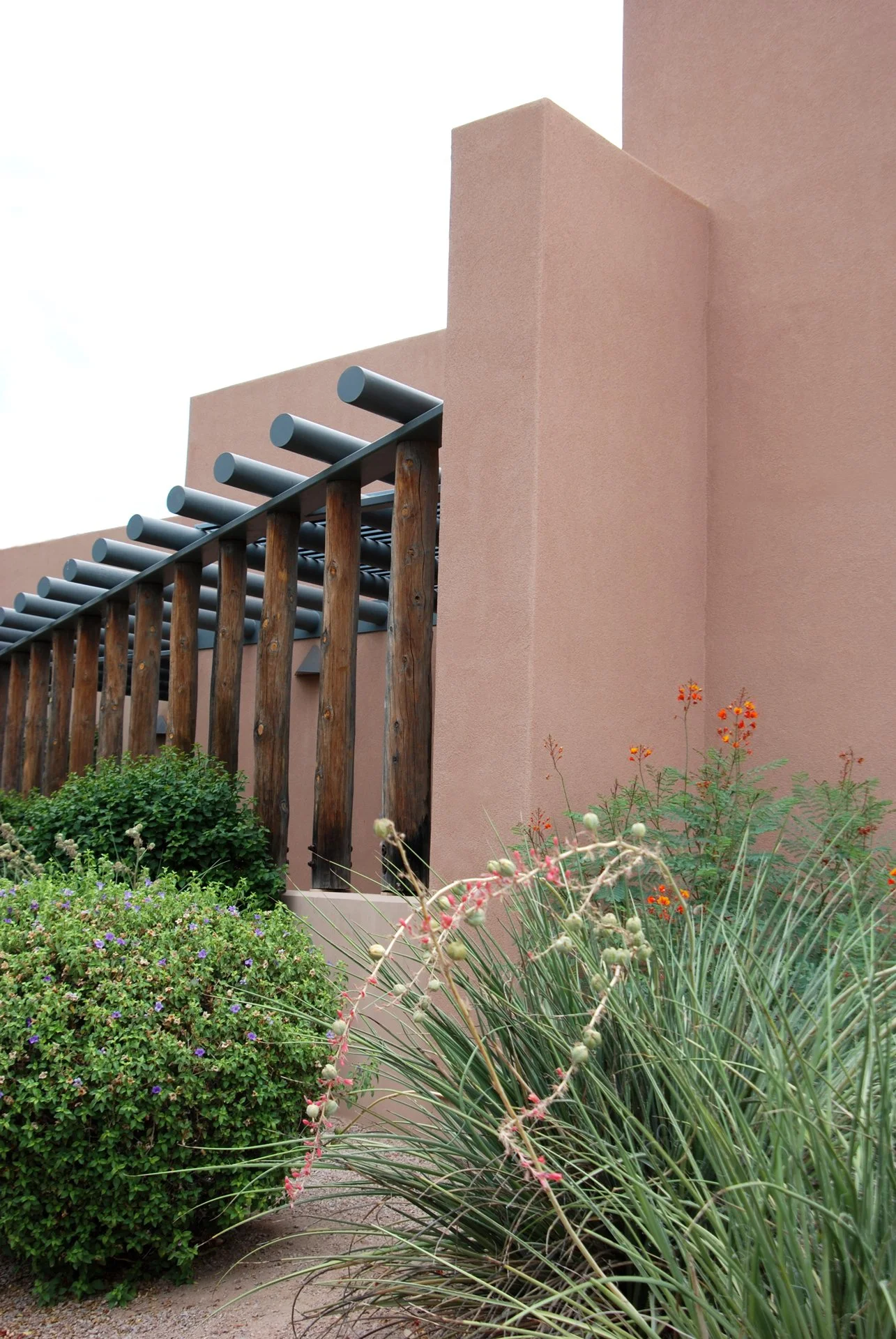 Southwestern adobe building with exposed wooden beams, desert plants, and landscaped garden, featuring pink and orange flowers.