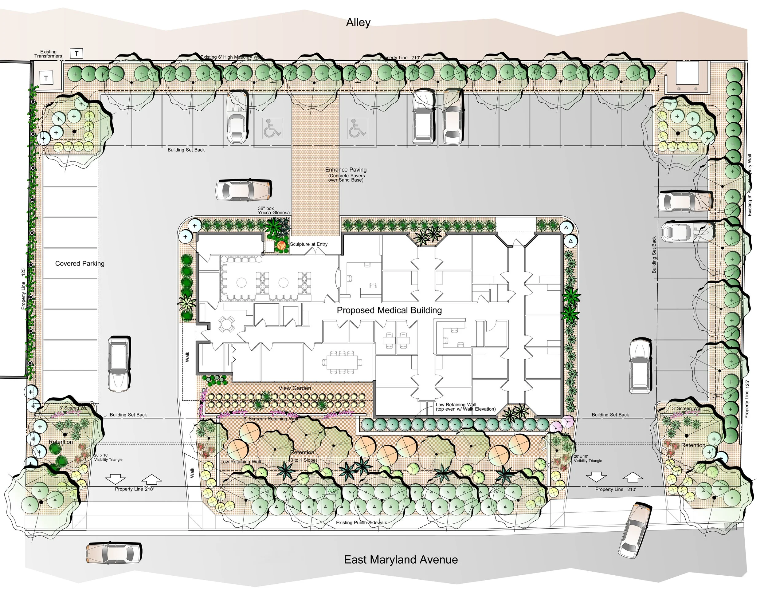 Site plan of a proposed medical building with labeled parking areas, landscaping, and pedestrian pathways, bordered by East Maryland Avenue and an alley. Features include parking spaces, retention areas, and garden spaces.