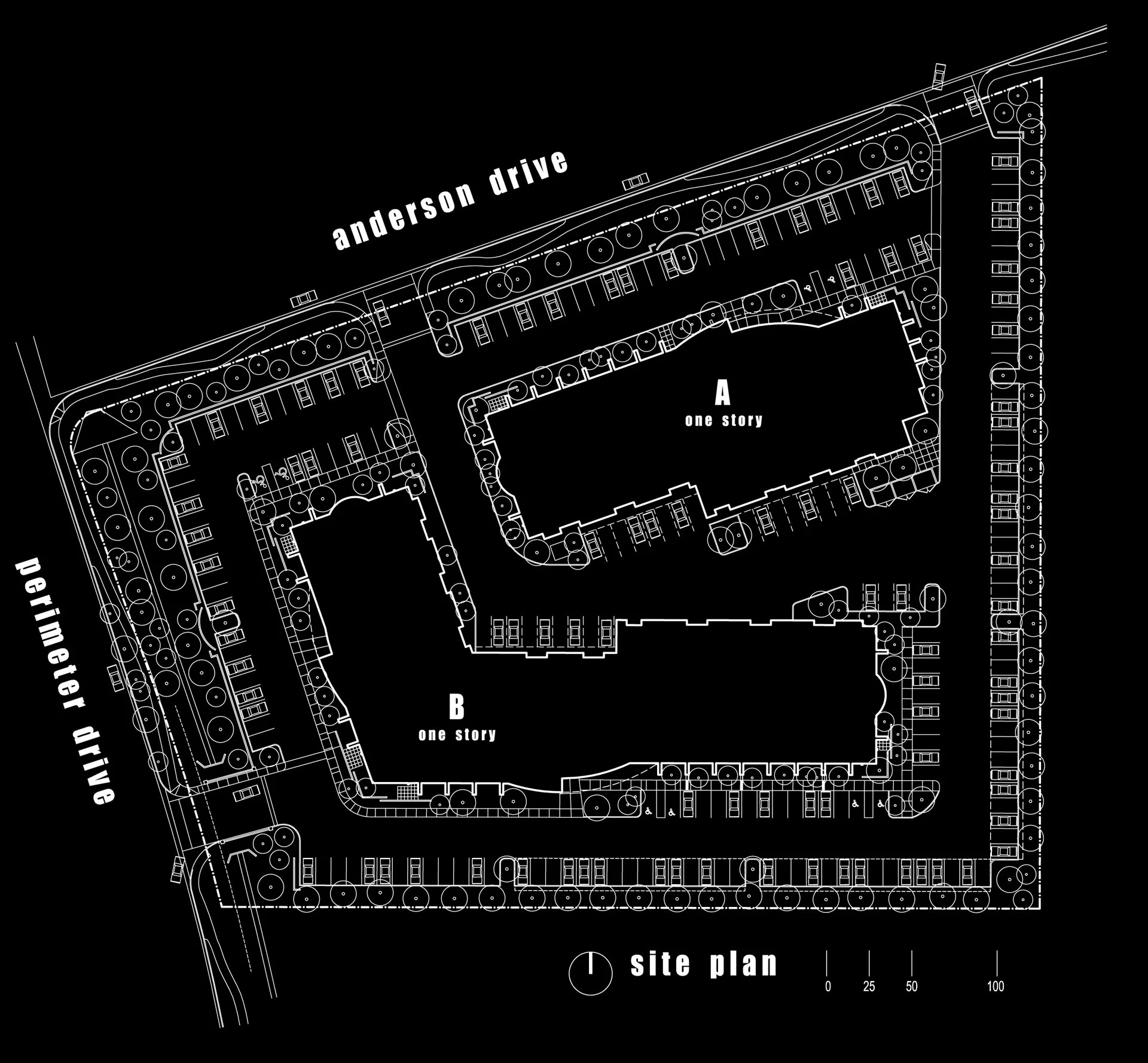 Architectural site plan with two buildings. Includes one-story structures with surrounding parking and landscaping details.