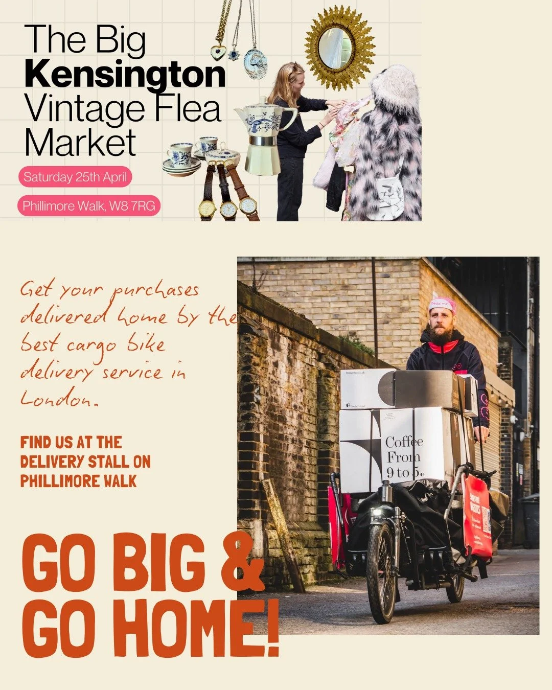 Vintage finds + zero carrying = ideal Saturday

We&rsquo;ll be at the Big Kensington Vintage Flea tomorrow on Phillimore Walk 🚲

Shop freely, then drop your haul at our stall and we&rsquo;ll deliver it to your door later that day.
From &pound;5.

Co