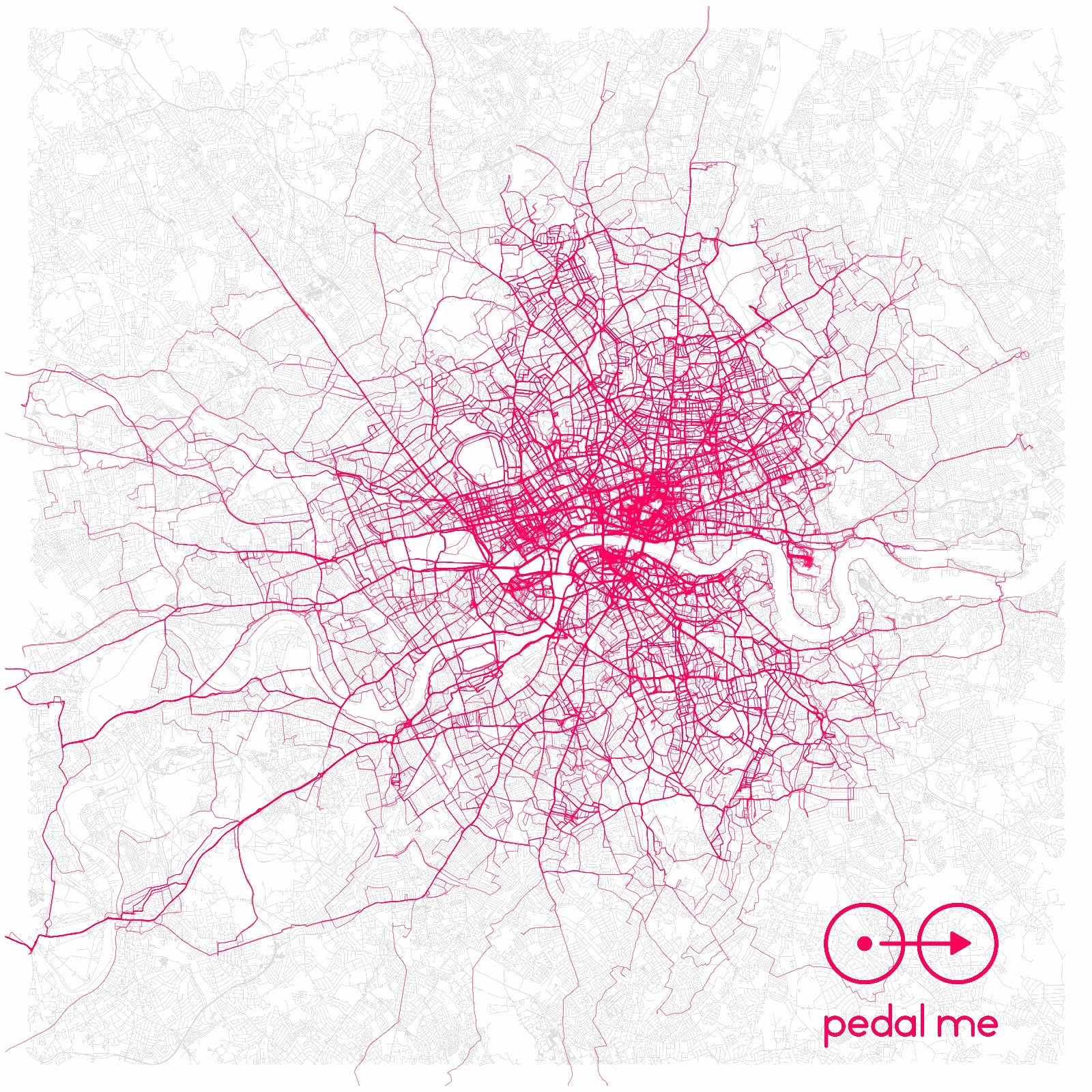 Detailed map of a city with streets highlighted in pink, including the logo and text 'pedal me' at the bottom right corner.