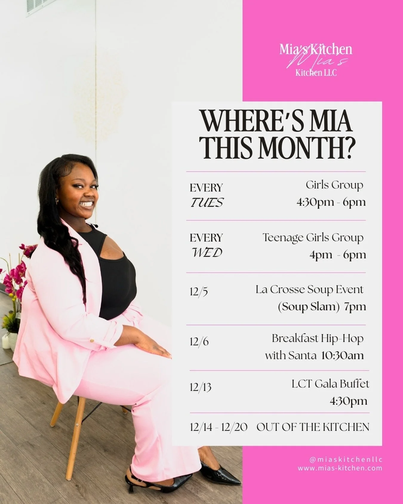 Curious where @miaskitchenllc will be at this month? Here&rsquo;s my updated event list this month!!🎁❄️☃️🧑🏼&zwj;🎄

📱@miaskitchenllc 
💻 www.mias-kitchen.com 

#foodtruck #cateringservice #cateringfood  #miaskitchen #wisconsin #smallbusiness #dec
