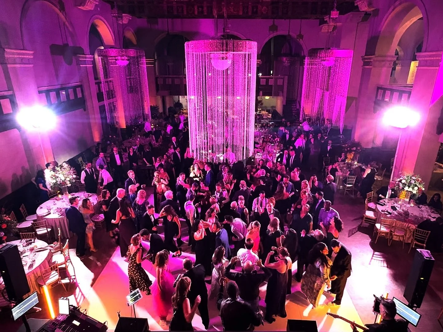 This stunning Downtown LA wedding came to life with dramatic uplighting, shimmering chandeliers, and a dance floor that glowed all night long. Every moment lit with intention #eventlighting #wedding #eventdesign