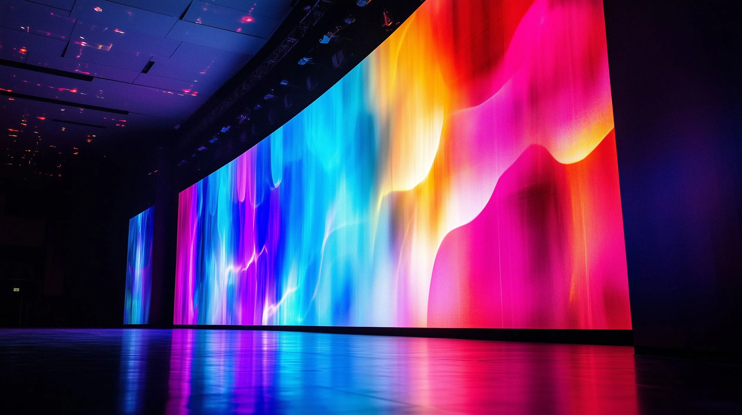 Large digital screen displaying vibrant, abstract multicolored light patterns in a dark theater or conference hall.