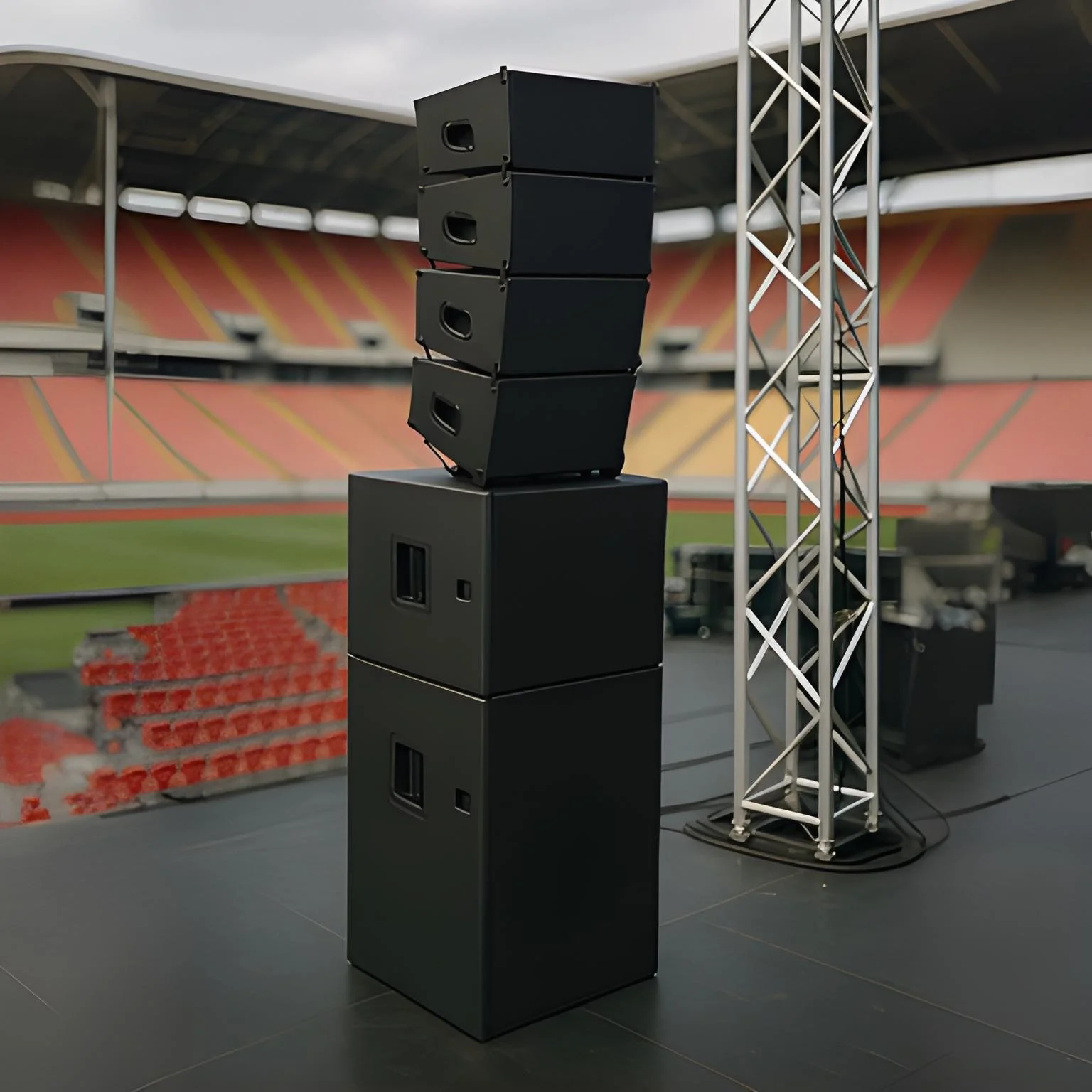 A vertical stack of black speaker monitors on a stage in a stadium or arena, with a large vertical truss and an empty seating area in the background.